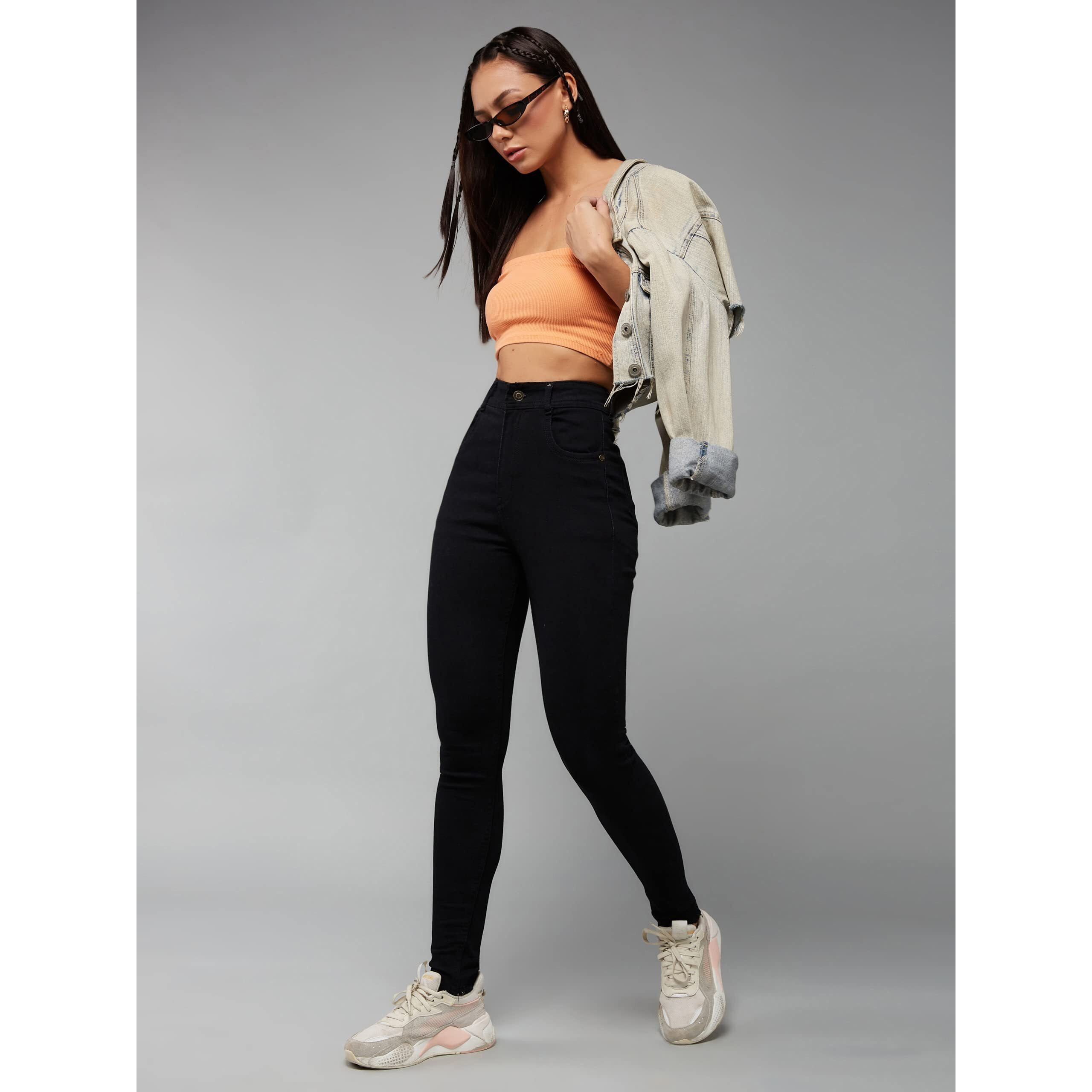 Dolce Crudo Women's Black Slim Fit Regular Length High Rise Denim Jeans (Doss20Den99-25-62-30, Black, 30)