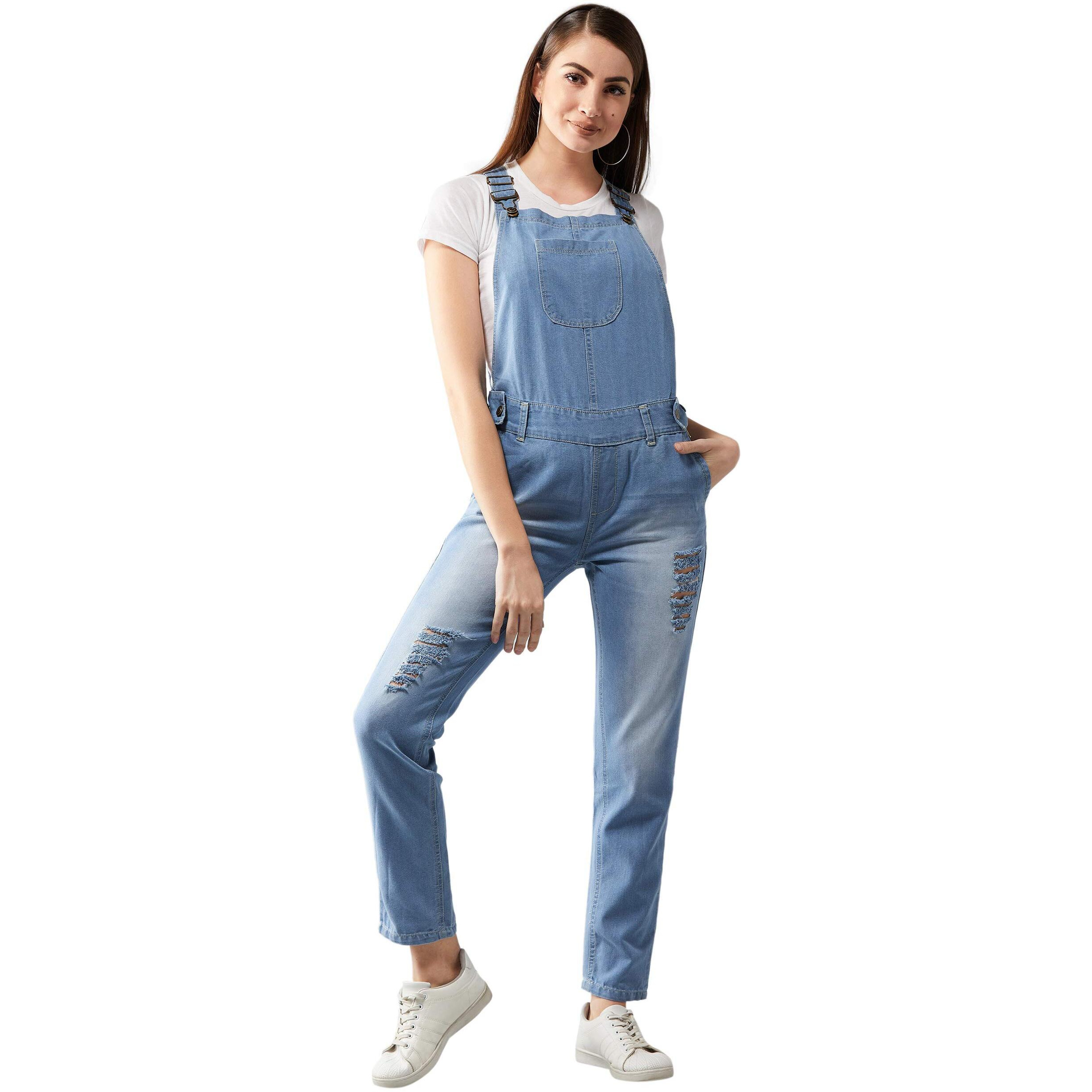 Dolce Crudo Women's Light Blue Regular Fit Mid Rise Regular Length Ripped Denim Dungaree(Doss18Den04-06-158-32,Light Blue,32)
