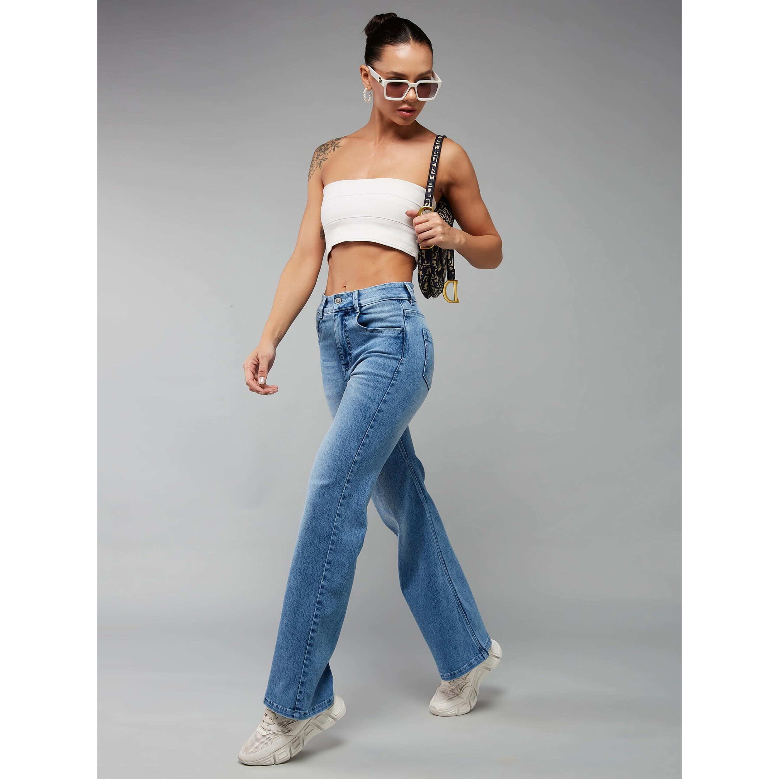 Dolce Crudo Chase Lifestyle Private Ltd.Women's Wide Leg High Rise Clean Look Jeans (Doss24Den79-19-337-32, Pacific Blue, 32)