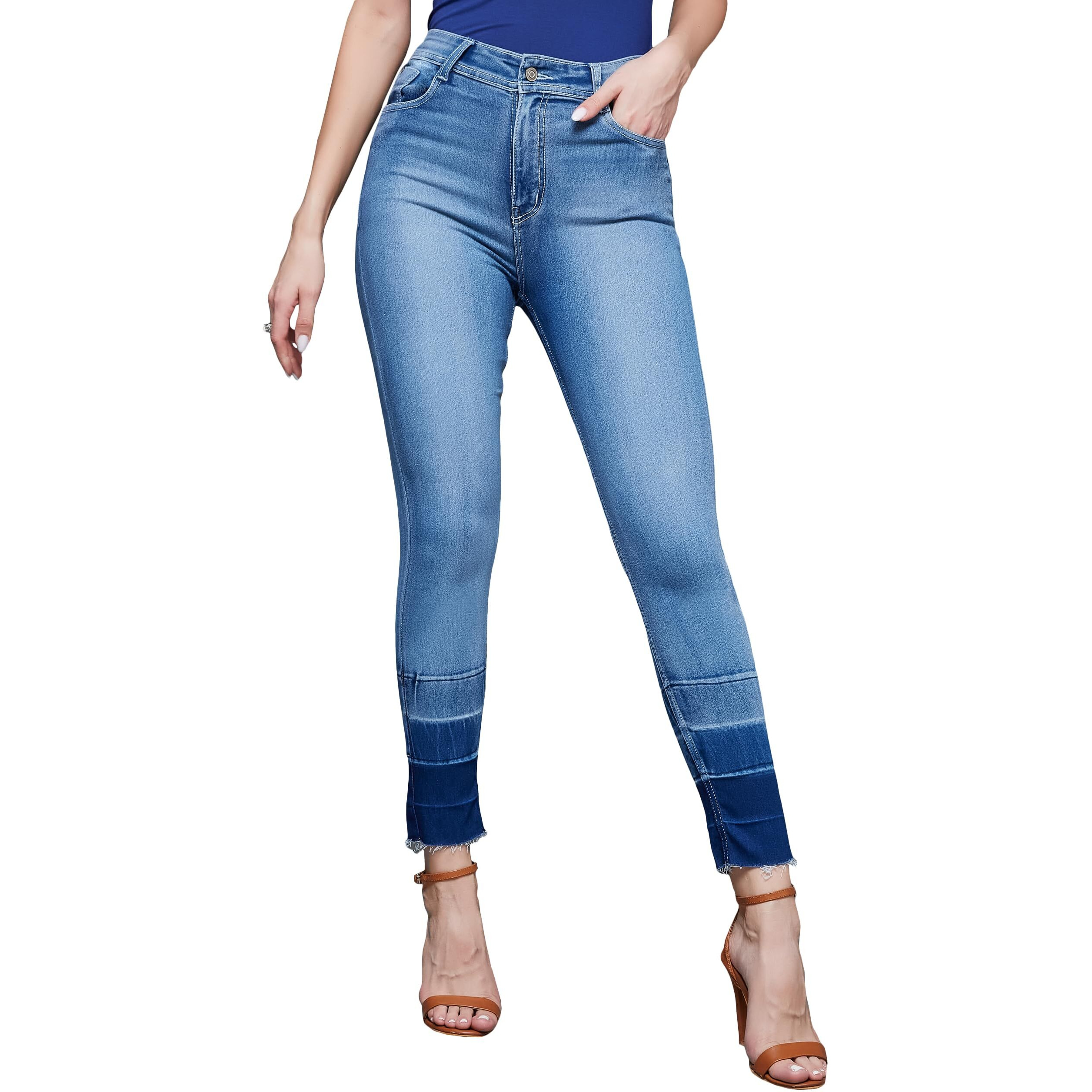 Dolce Crudo Women's Light Blue Skinny Fit High Rise Ankle Length Shaded Denim Stretchable Jeans(Doaw17Den02-04-158-34,Light Blue,34)