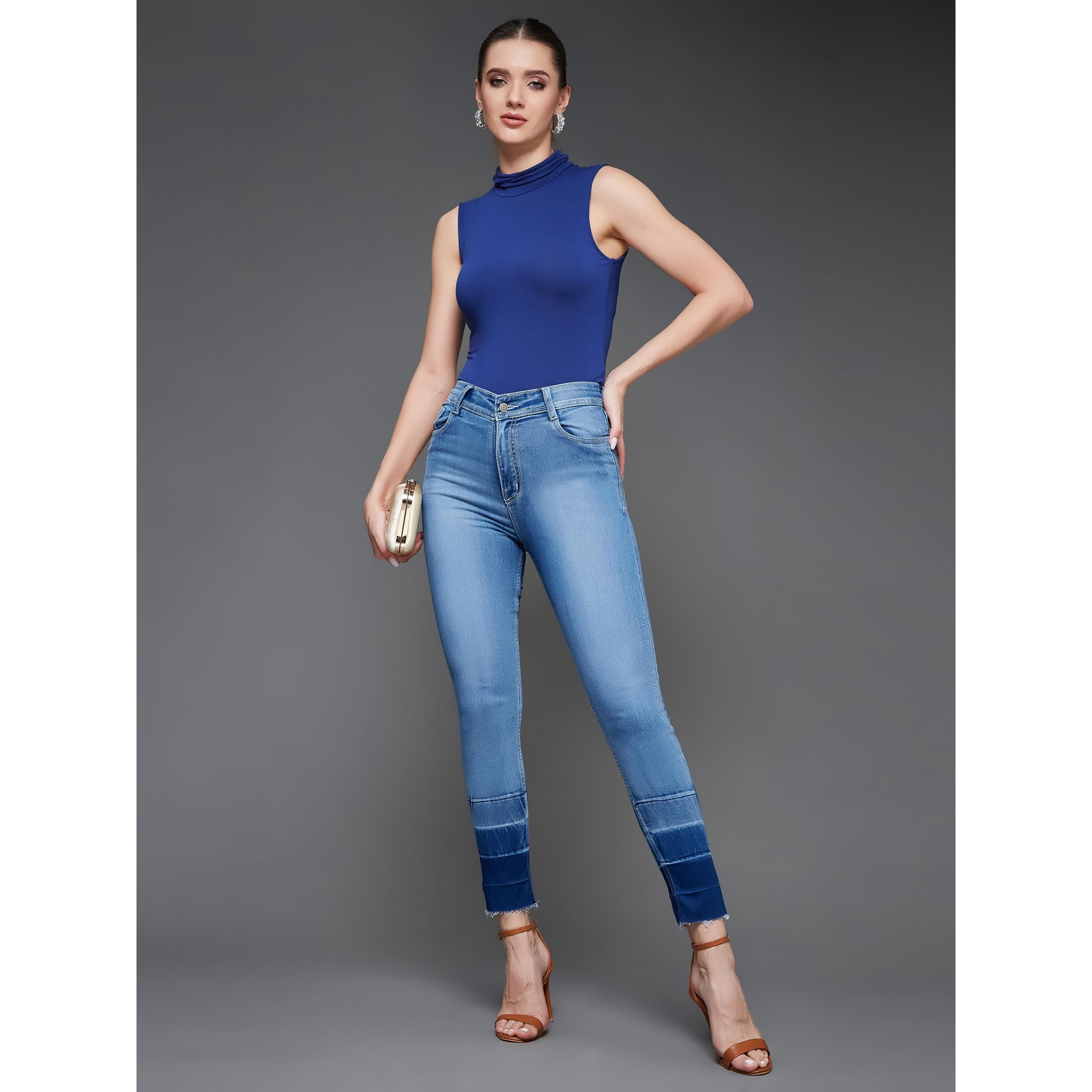 Dolce Crudo Women's Light Blue Skinny Fit High Rise Ankle Length Shaded Denim Stretchable Jeans(Doaw17Den02-04-158-34,Light Blue,34)