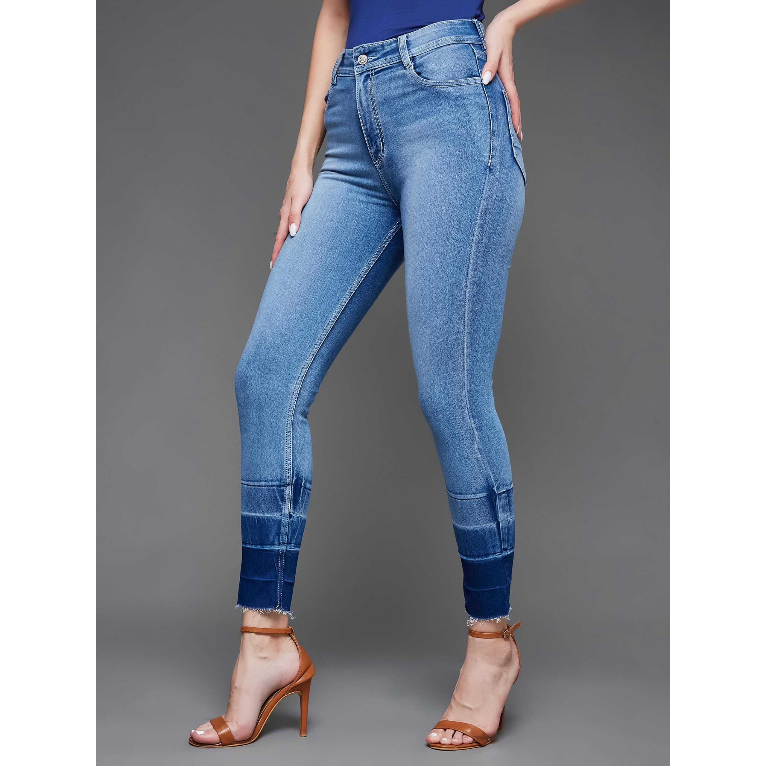 Dolce Crudo Women's Light Blue Skinny Fit High Rise Ankle Length Shaded Denim Stretchable Jeans(Doaw17Den02-04-158-34,Light Blue,34)