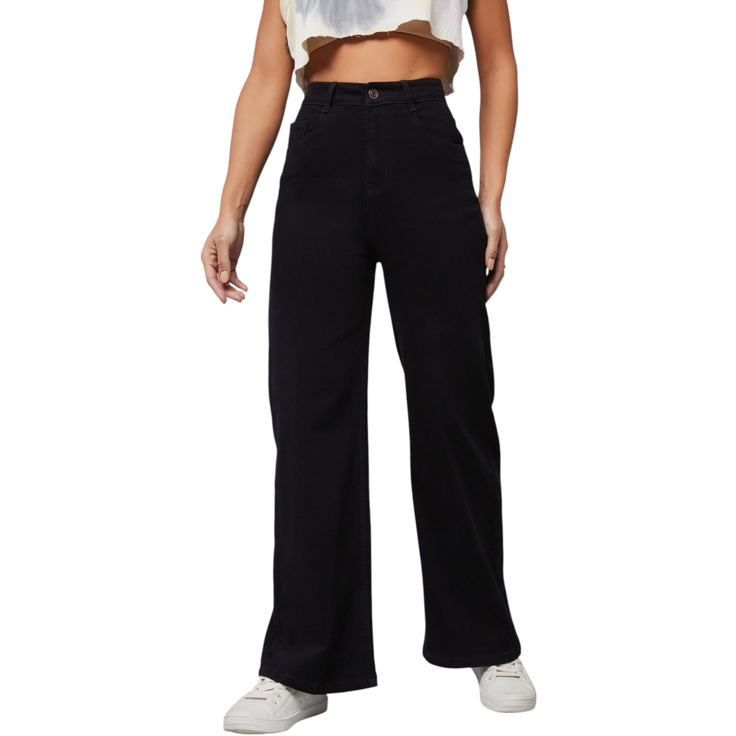 Dolce Crudo Women's Wide Leg High Rise Clean Look Regular Length Stretchable Denim Jeans (Plus (Doss24Den68-97-62-36, Black, 36)