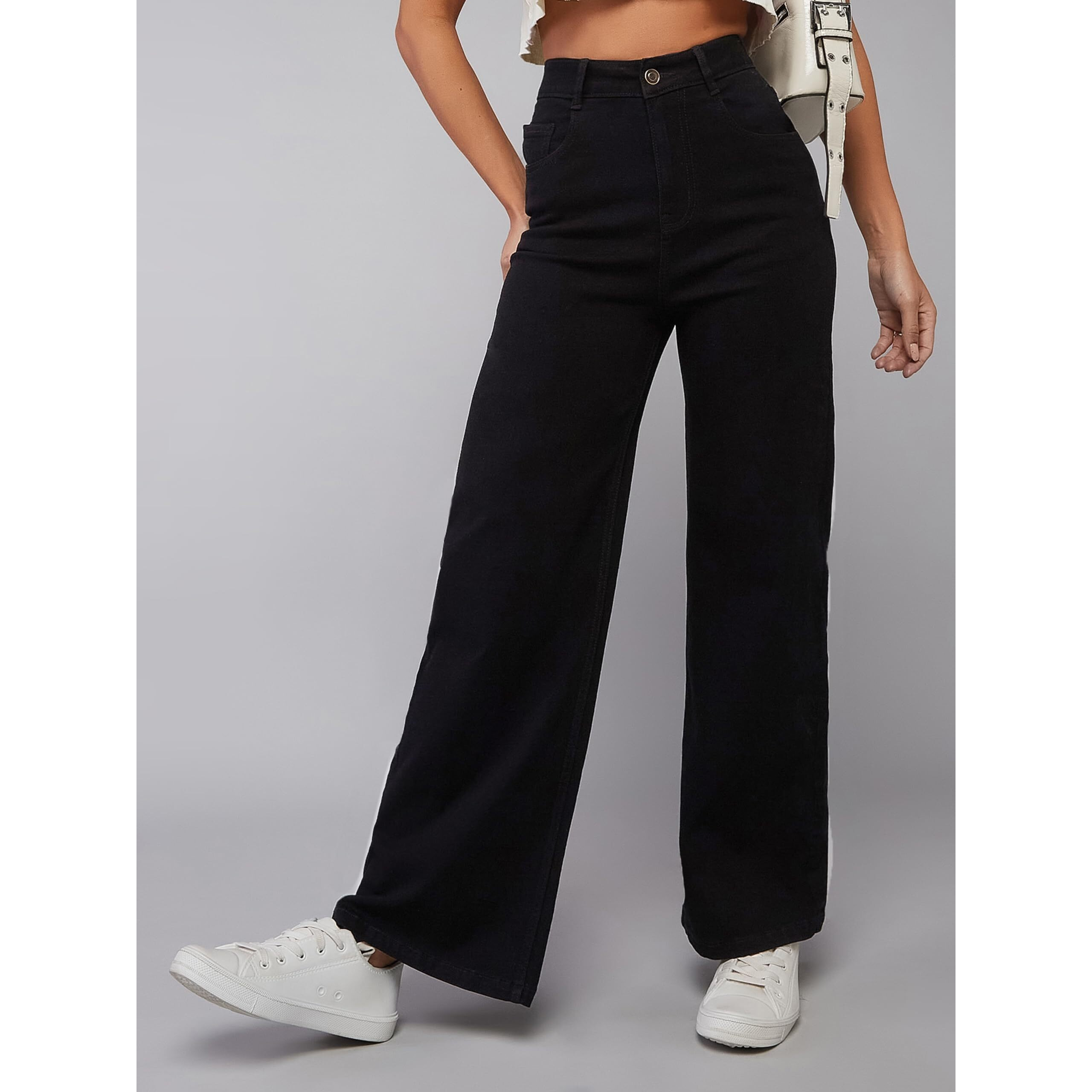 Dolce Crudo Women's Wide Leg High Rise Clean Look Regular Length Stretchable Denim Jeans (Plus (Doss24Den68-97-62-36, Black, 36)