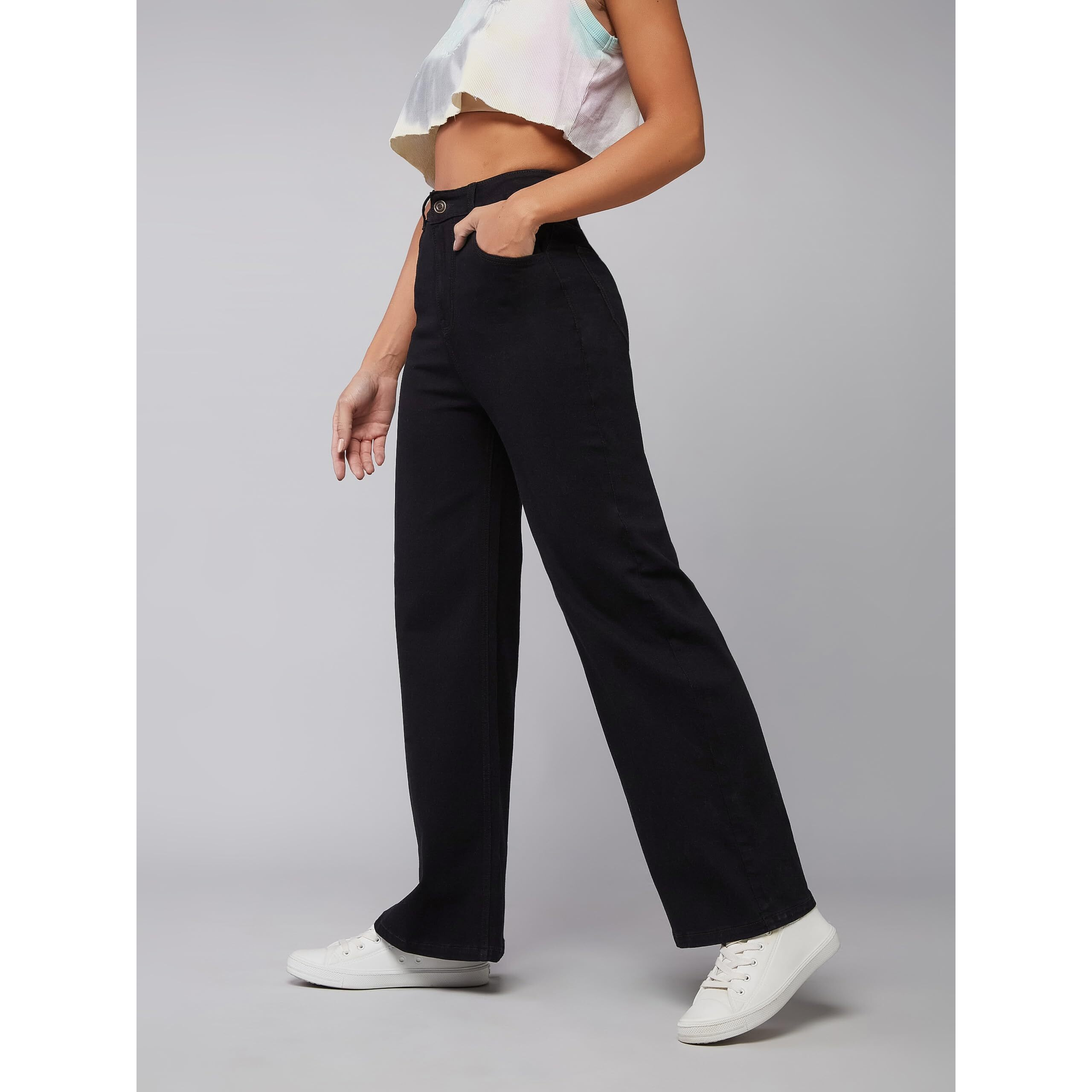 Dolce Crudo Women's Wide Leg High Rise Clean Look Regular Length Stretchable Denim Jeans (Plus (Doss24Den68-97-62-36, Black, 36)