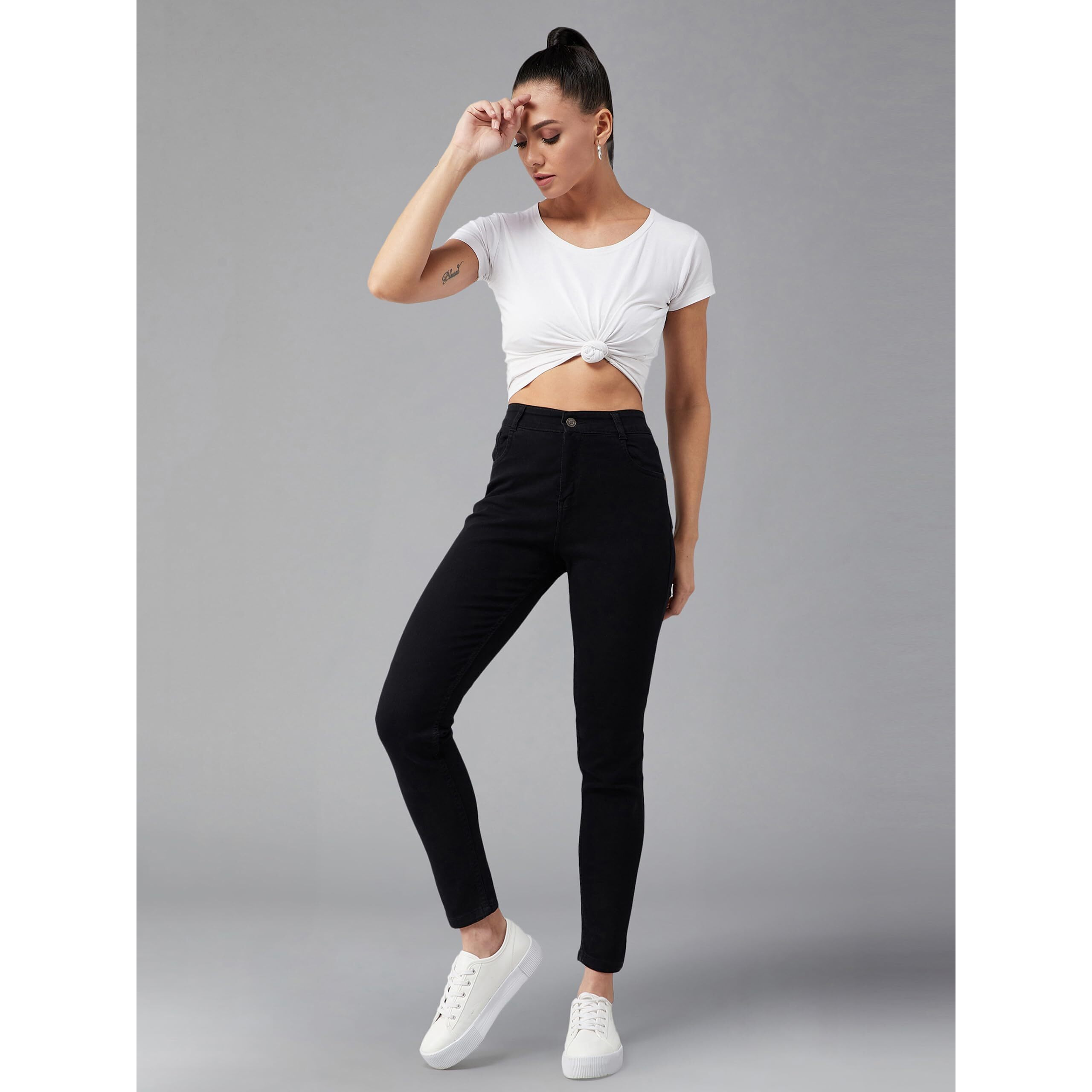 Dolce Crudo Women's Black Skinny Fit High Rise Regular Length Stretchable Denim Jeans (Doss21Den99-38-62 32,Black,32)