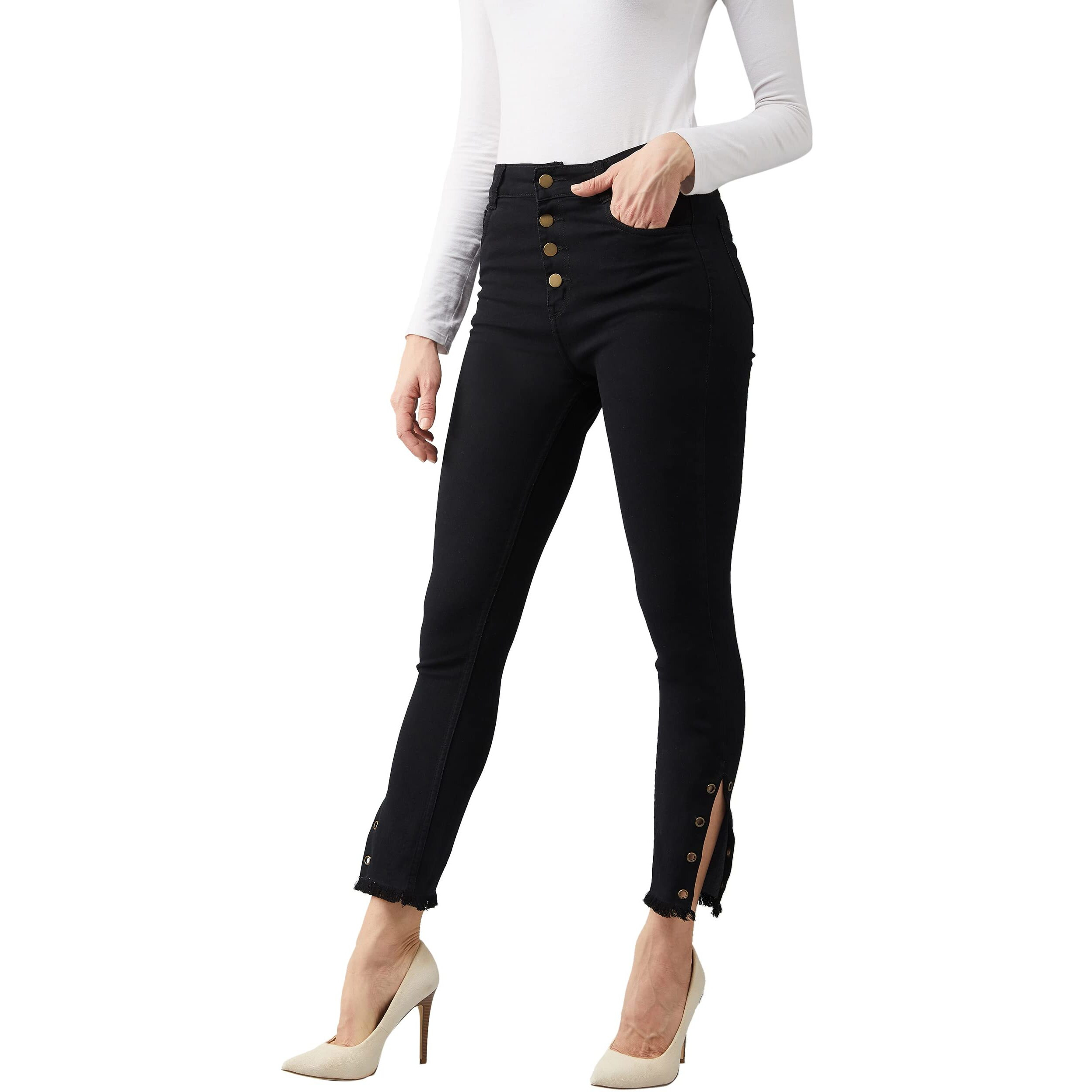 Dolce Crudo Women's Black Skinny Fit Relaxed High Rise Regular Length Denim Stretchable Jeans (Doss21Den10-64-62-32,Black,32)