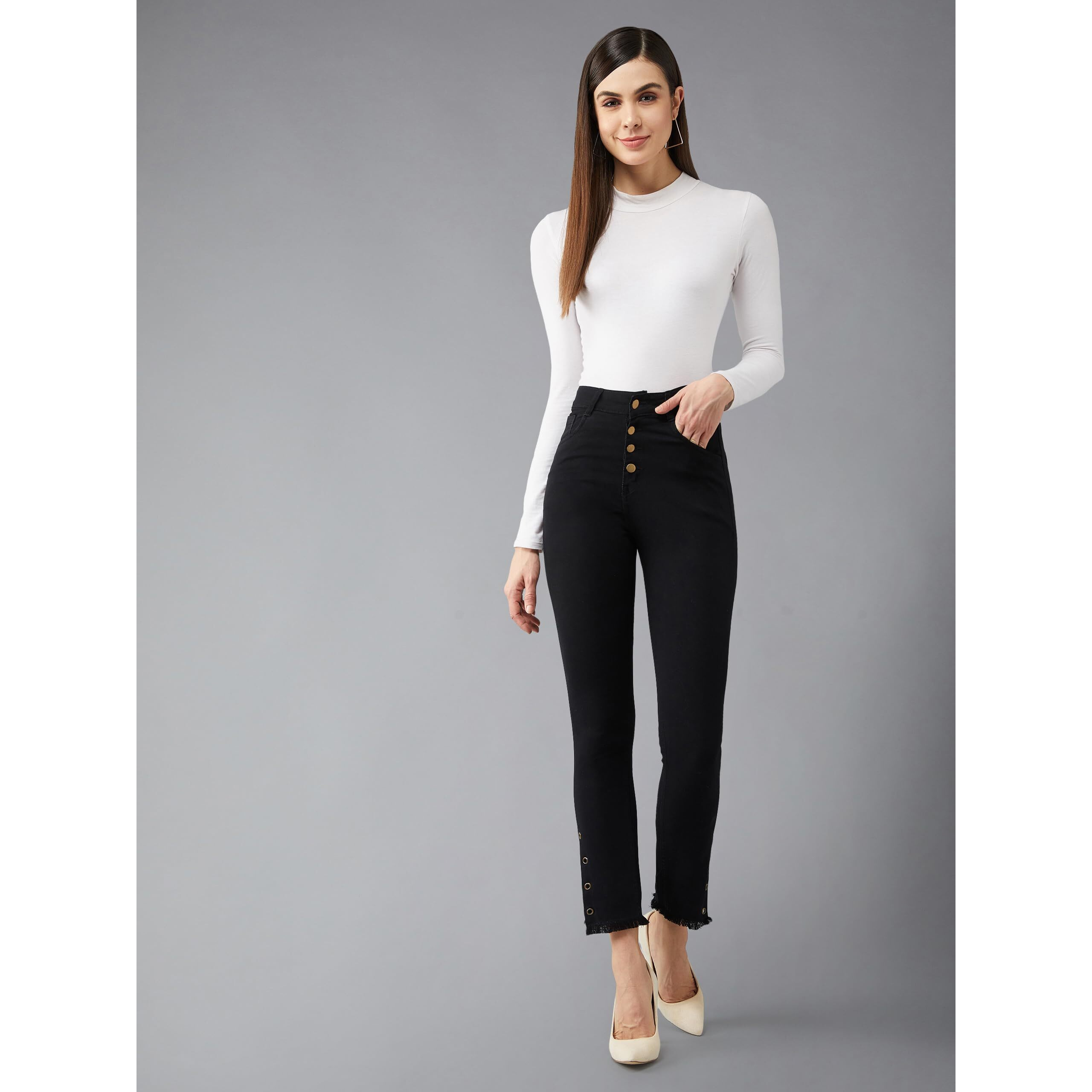 Dolce Crudo Women's Black Skinny Fit Relaxed High Rise Regular Length Denim Stretchable Jeans (Doss21Den10-64-62-32,Black,32)