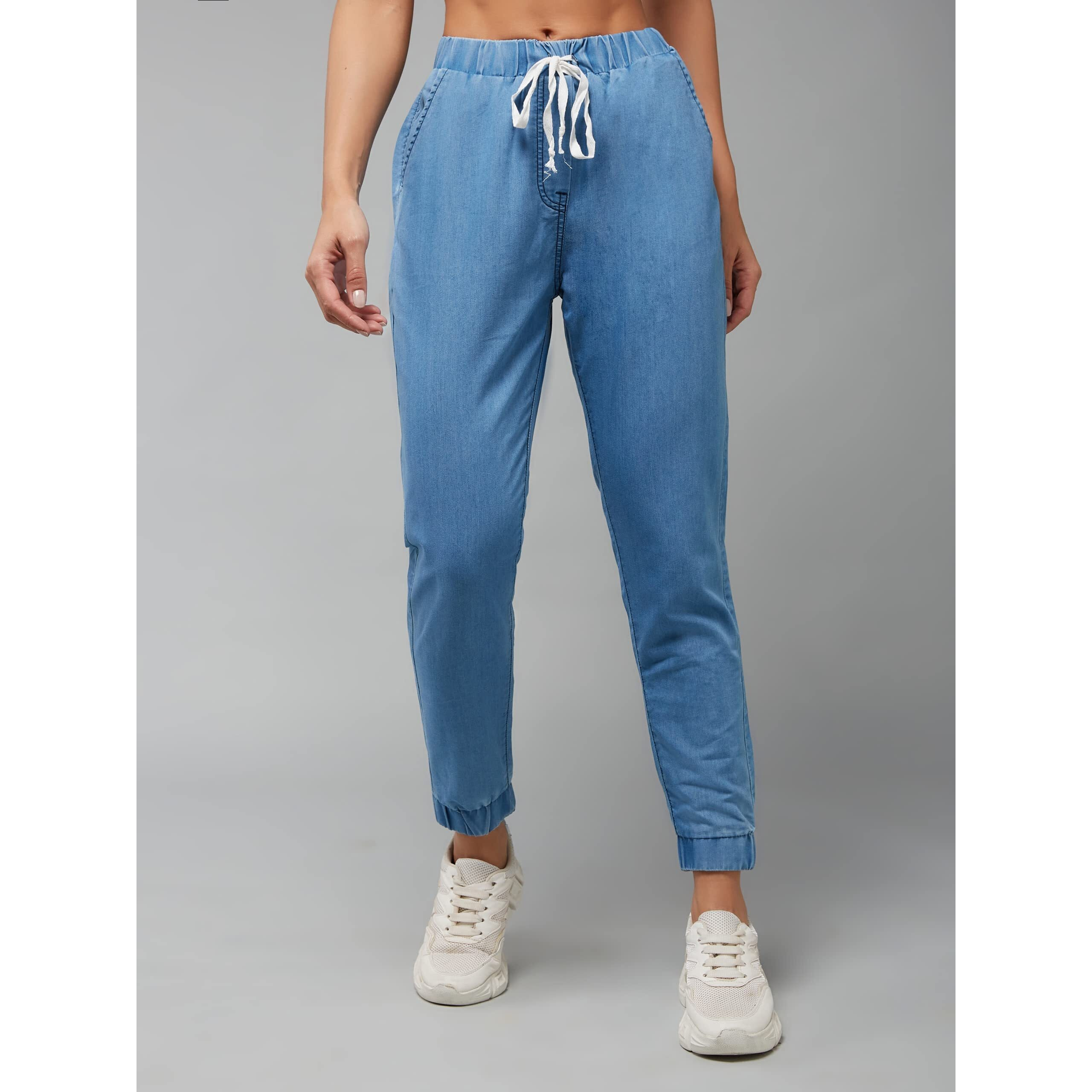 Dolce Crudo Women's Black Regular Length Mid Rise Regular Fit Denim Joggers (Doss23Den99-54-115-34, Blue, 34)