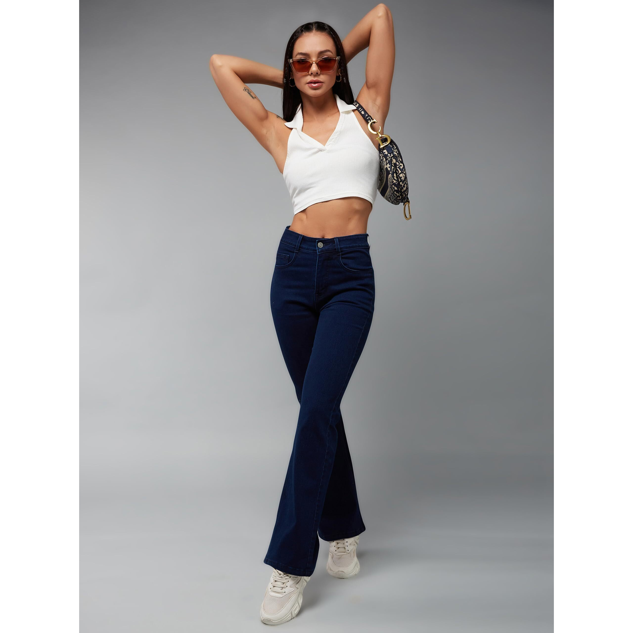 Dolce Crudo Women's Bootcut High Rise Clean Look Regular Length Stretchable Denim Jeans (Plus (Doaw23Den69-16-71-34, Navy Blue, 34)