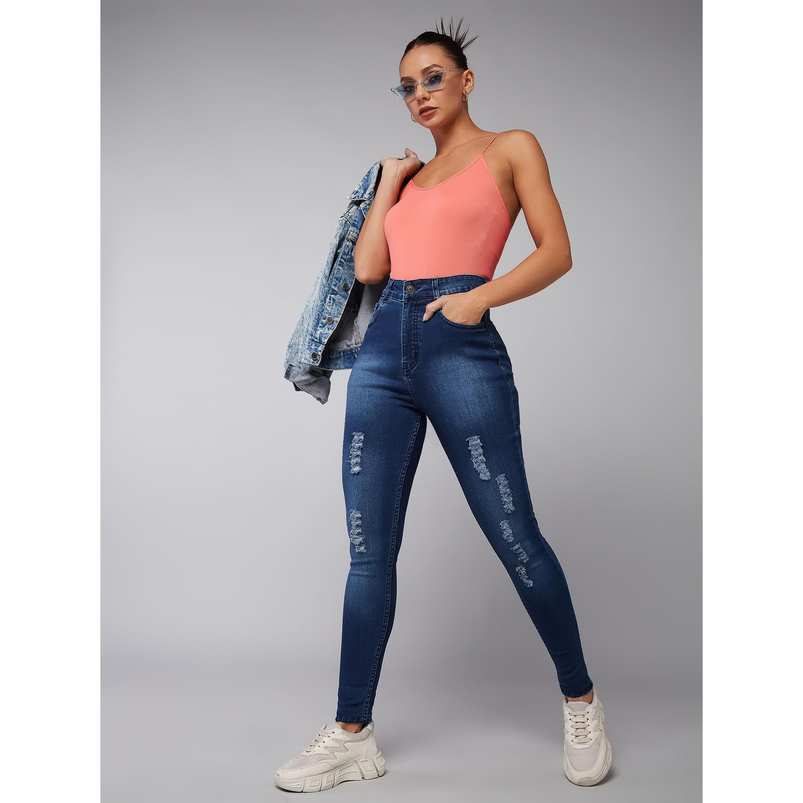 Dolce Crudo Women's Skinny Fit Mid Rise Mildly Distressed Regular Length Ripped Denim Jeans (Doss24Den97-43-115-30, Blue, 30)