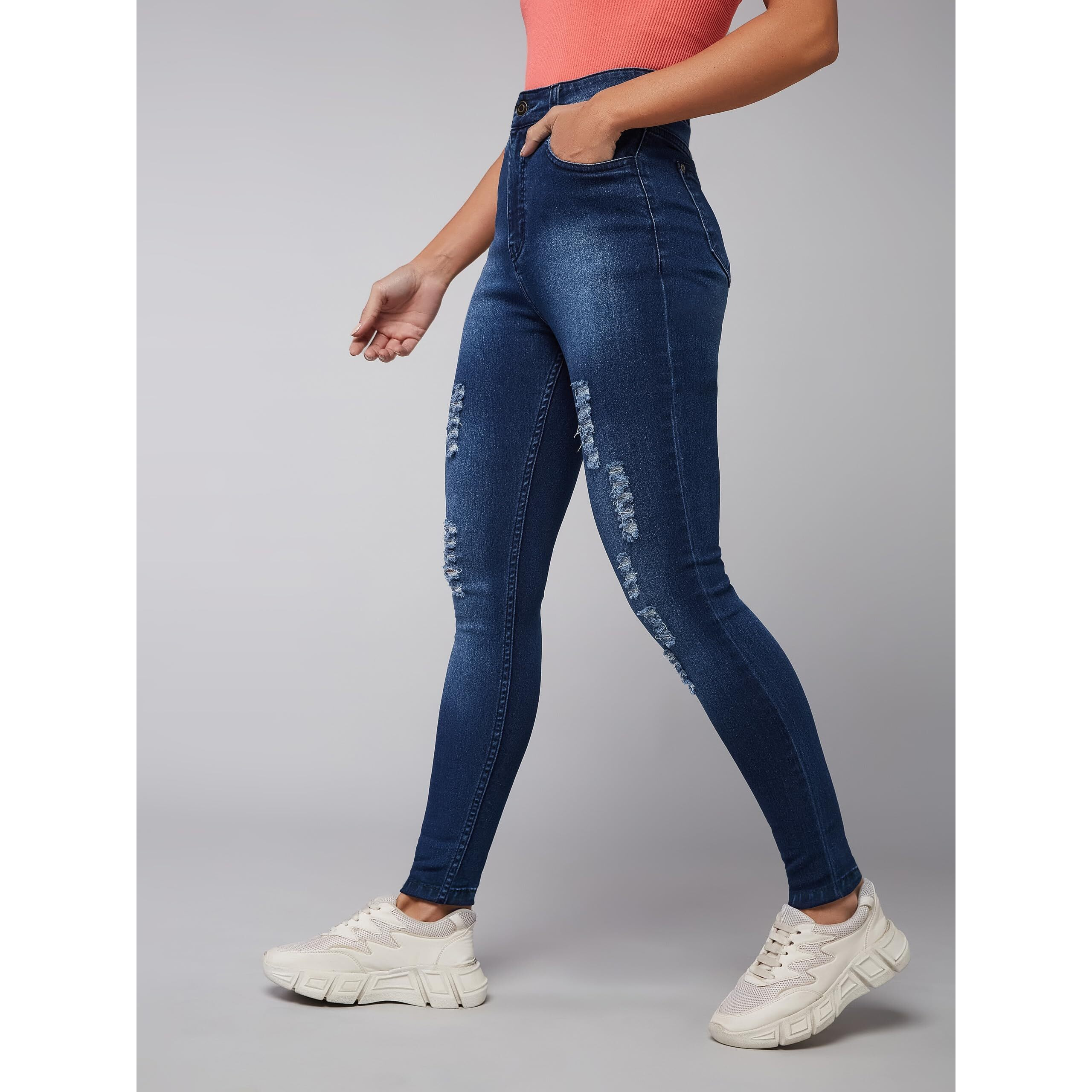 Dolce Crudo Women's Skinny Fit Mid Rise Mildly Distressed Regular Length Ripped Denim Jeans (Doss24Den97-43-115-30, Blue, 30)