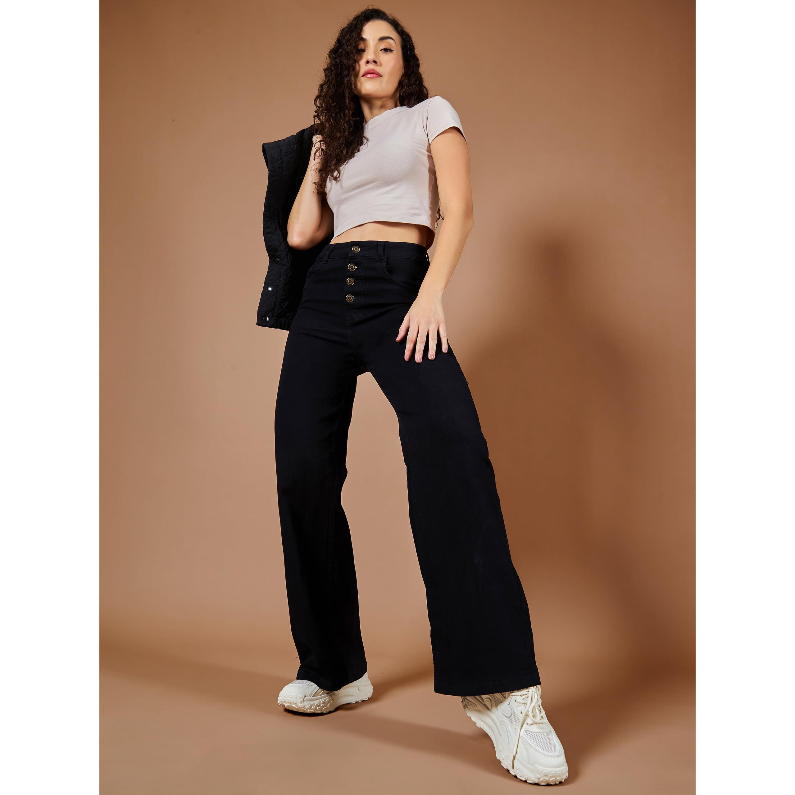 Dolce Crudo Women's Wide Leg High Rise Clean Look Regular Stretchable Denim Jeans (Doss24Den69-43-62-32, Black, 32)