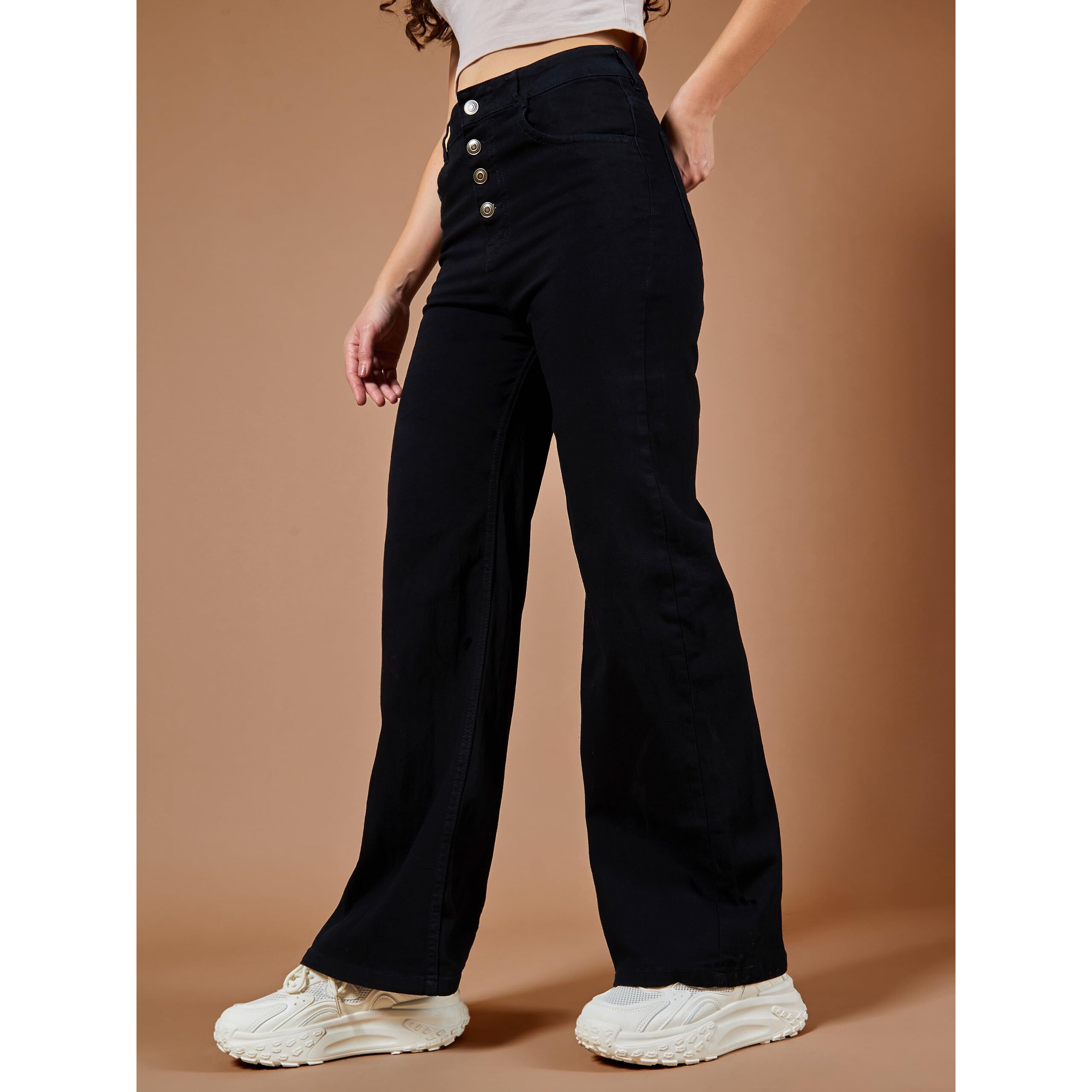 Dolce Crudo Women's Wide Leg High Rise Clean Look Regular Stretchable Denim Jeans (Doss24Den69-43-62-32, Black, 32)