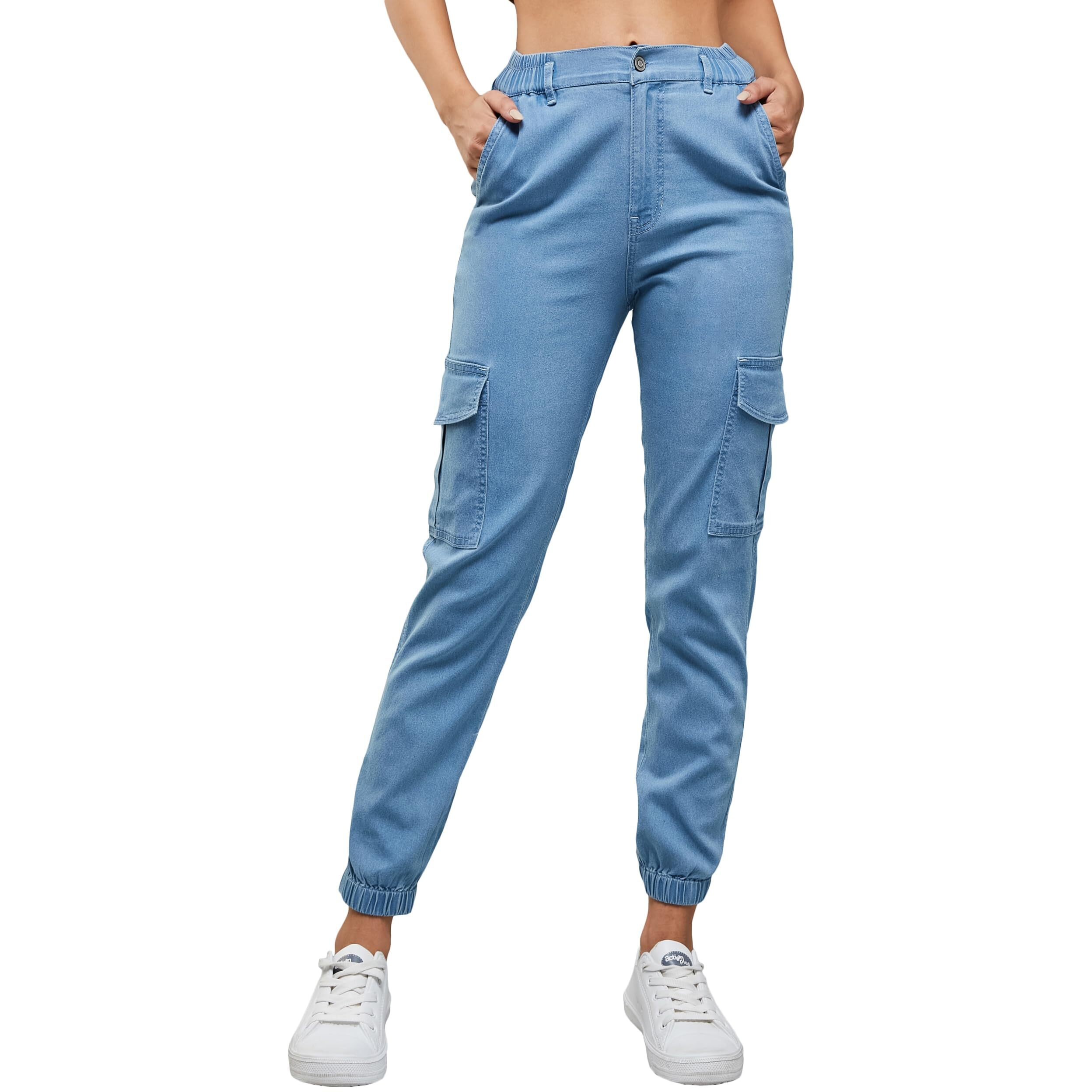 Dolce Crudo Women's Light Blue Regular High Rise Regular Stretchable Denim Joggers (Doss23Den99-20-158-28, Light Blue, 28)