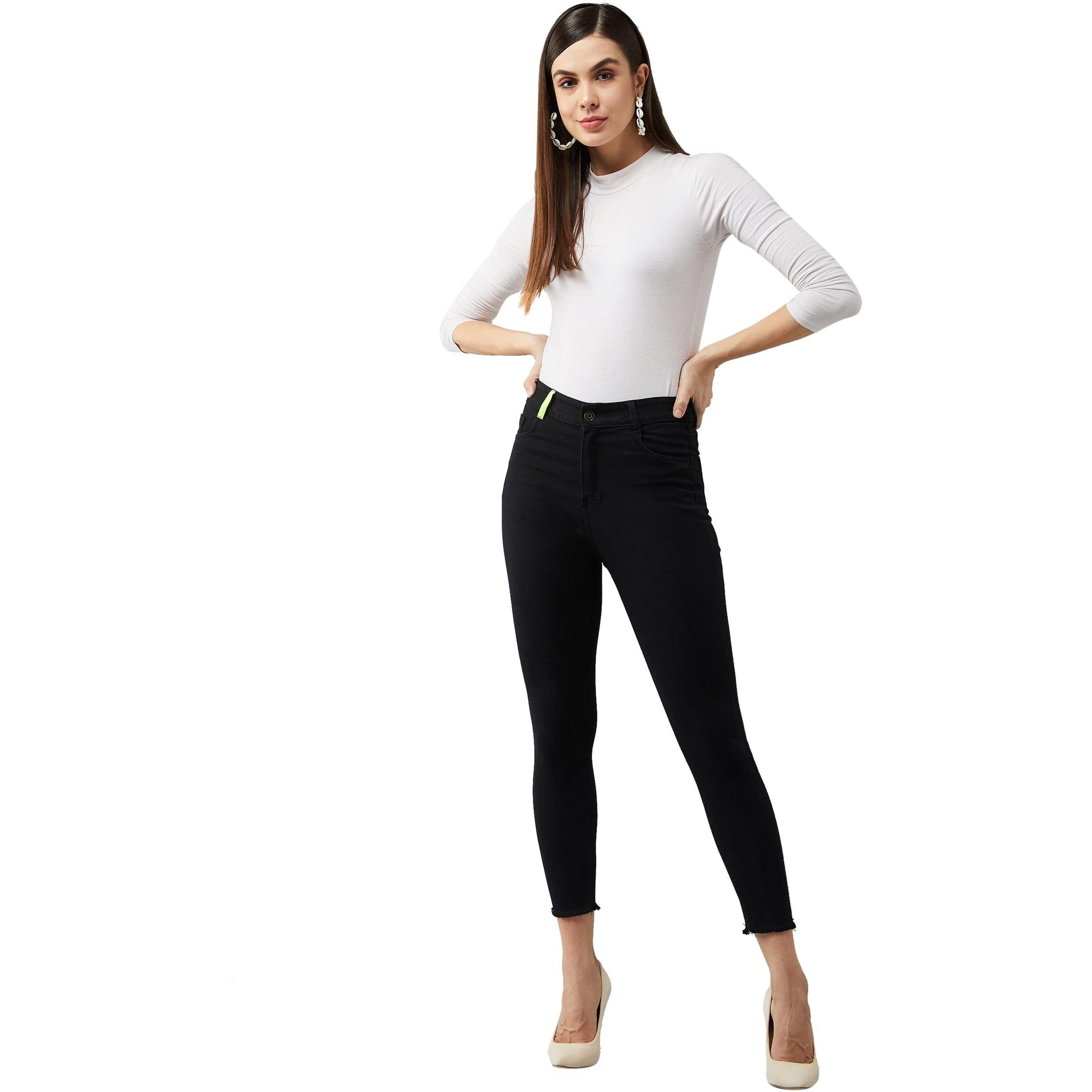 Dolce Crudo Women's Black Cotton Skinny Fit Cropped High Rise Stretchable Denim Jeans (Doss21Den10-74-62-34,Black,34)