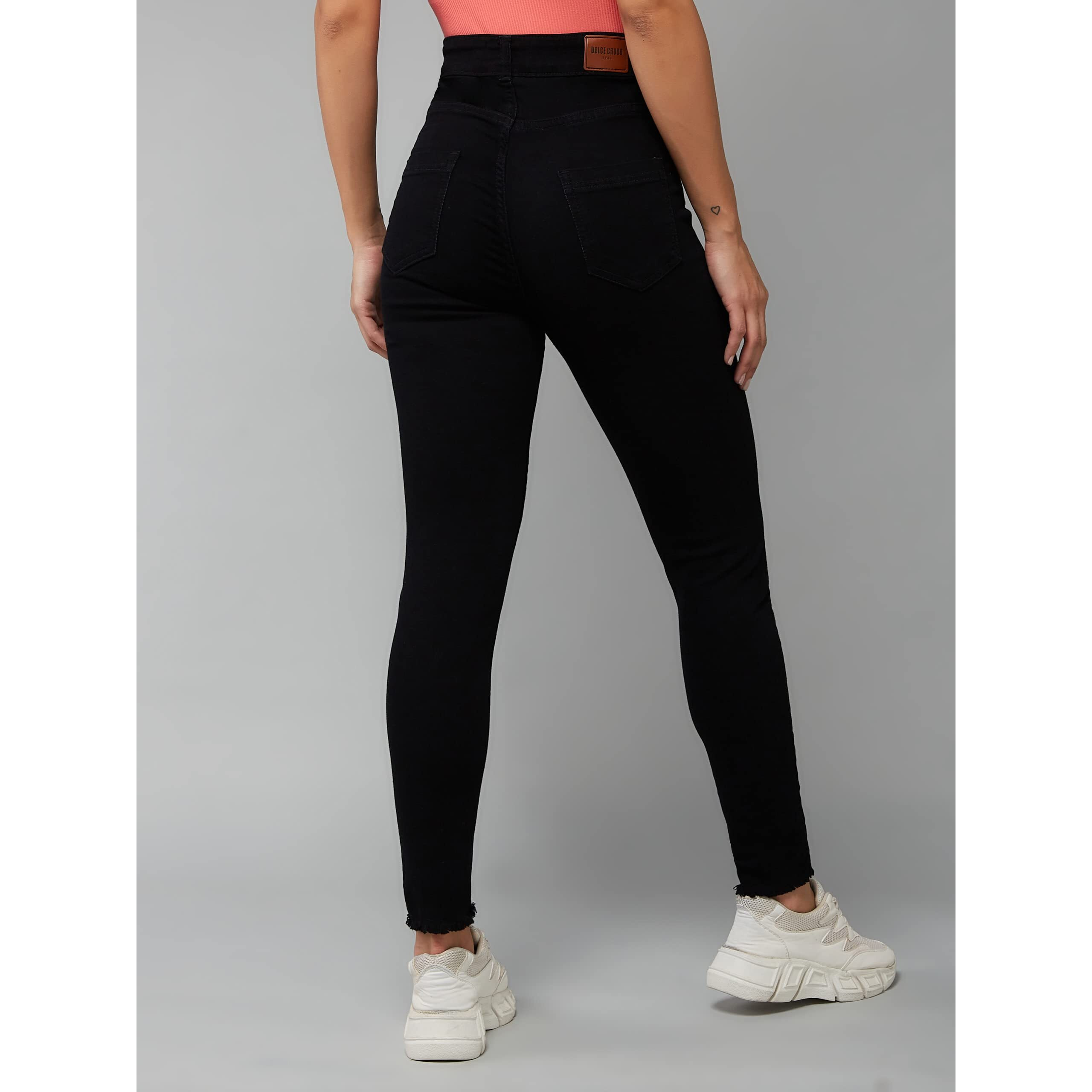 Dolce Crudo Women's Black Skinny Fringed Detailing High Rise Solid Cropped Stretchable Denim Jeans (Doss23Den99-49-62-28, Black, 28)