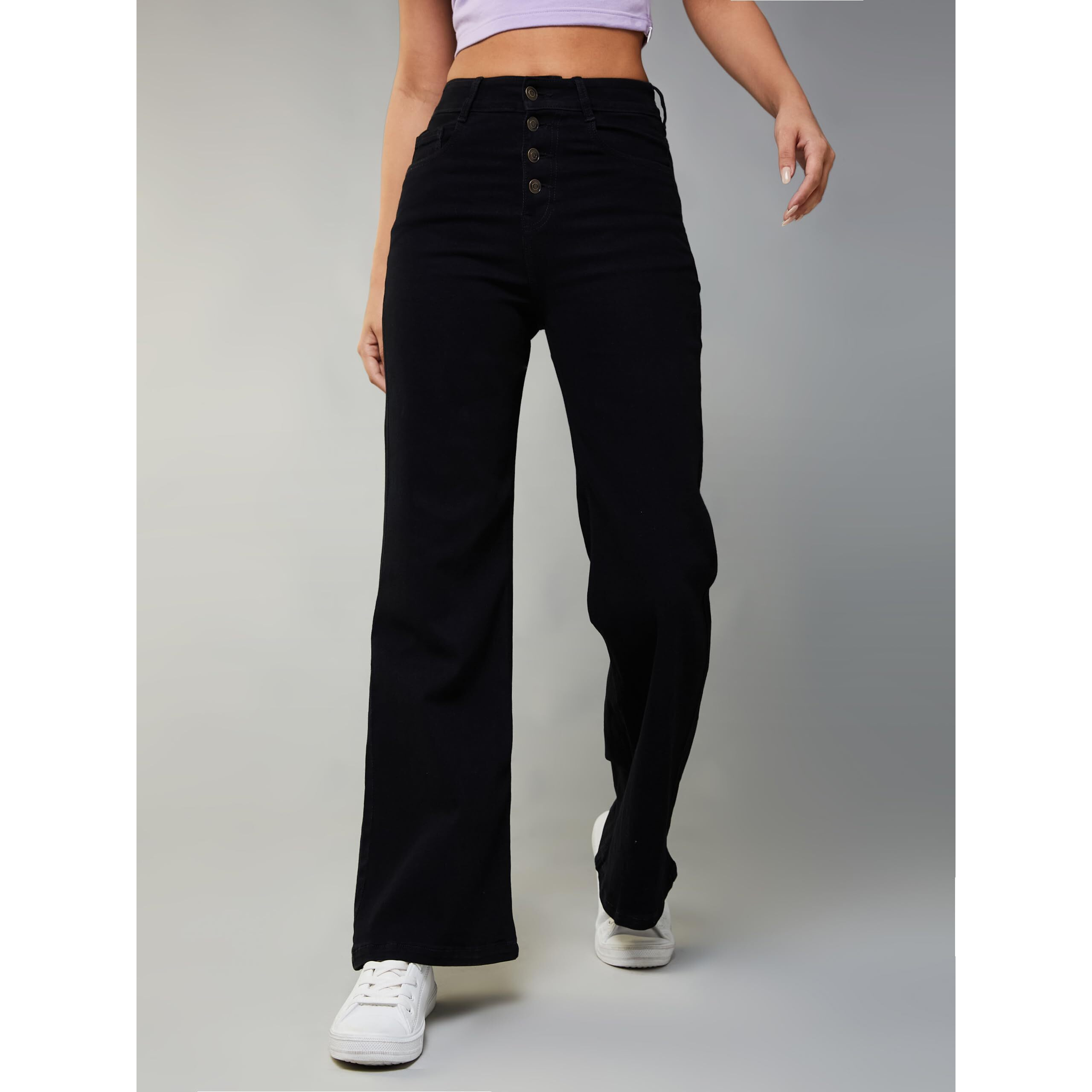 Dolce Crudo Women's Wide Leg High Rise Clean Look Jeans (Doss24Den79-19-335-34, Charcoal Black, 34)