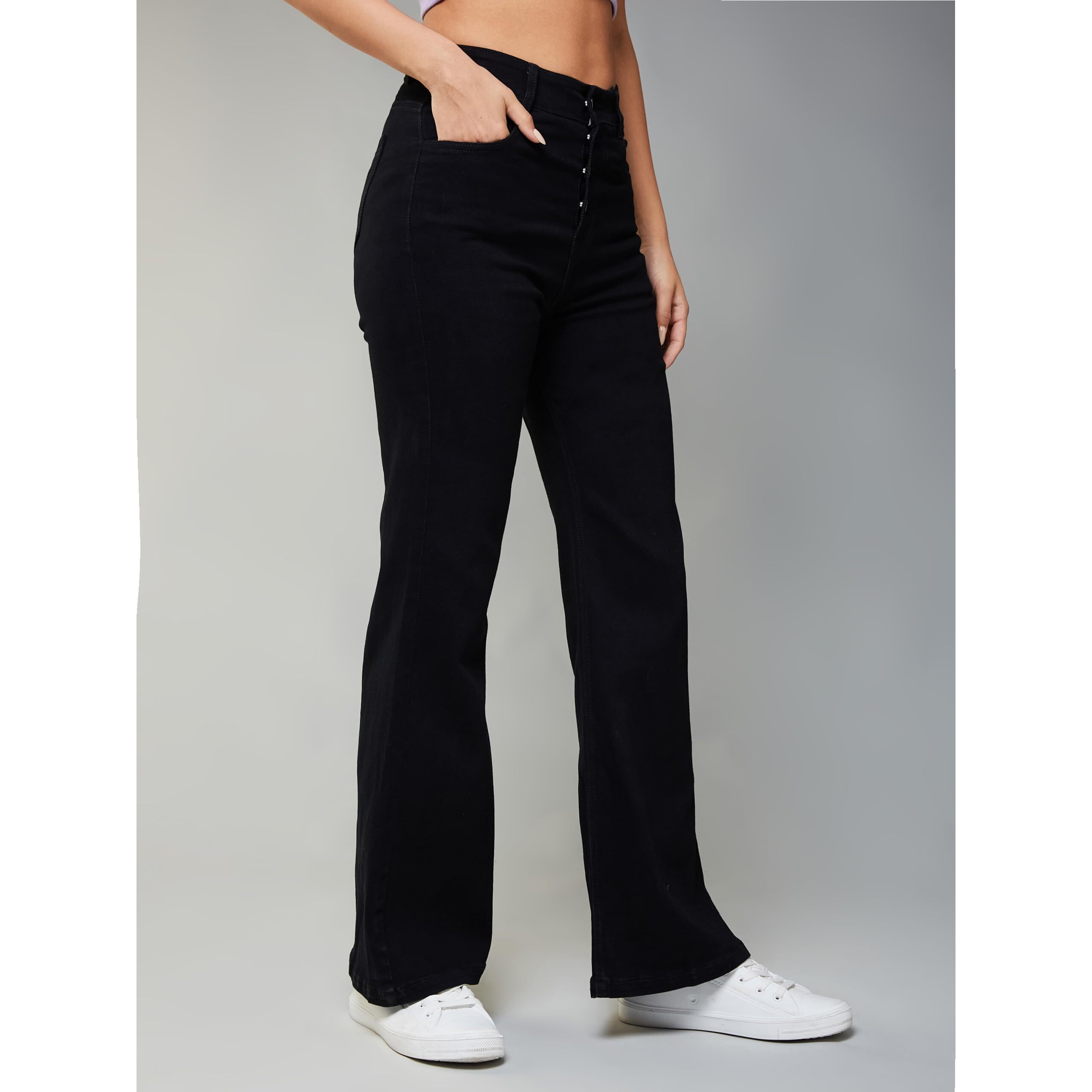 Dolce Crudo Women's Wide Leg High Rise Clean Look Jeans (Doss24Den79-19-335-34, Charcoal Black, 34)