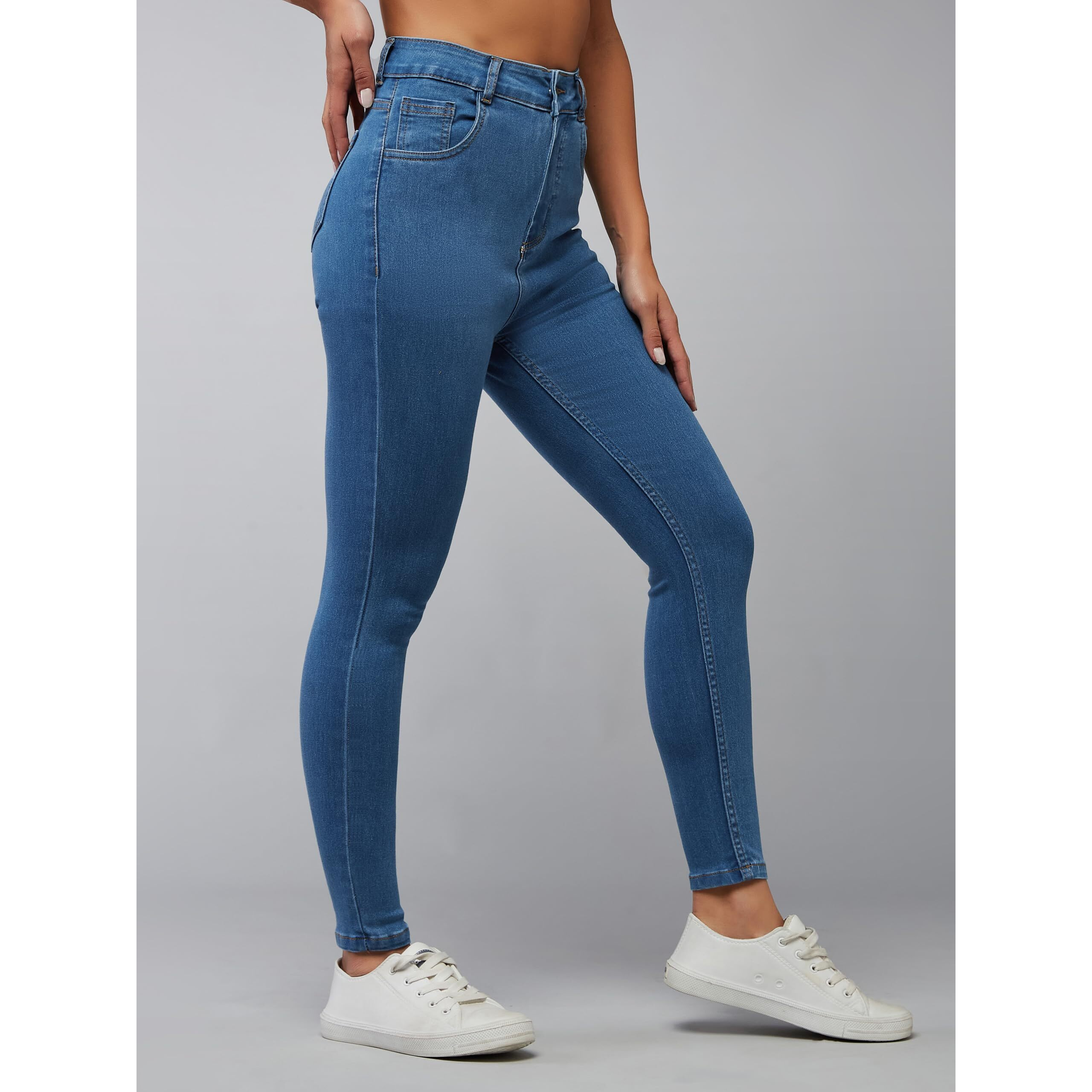 Dolce Crudo Women's Solid Skinny High Rise Clean Look Cropped Fringe Detailing Solid Stretchable Denim Jeans (Doss24Den69-50-115-36, Blue, 36)