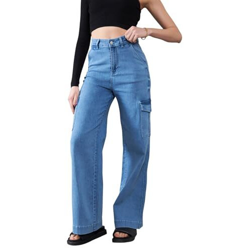 Dolce Crudo Women's Wide-Leg High-Rise Regular-Length Stretchable Flared Cargo Style Denim Jeans,(Doss22Den12-36-388-32, Pale Blue, 32)