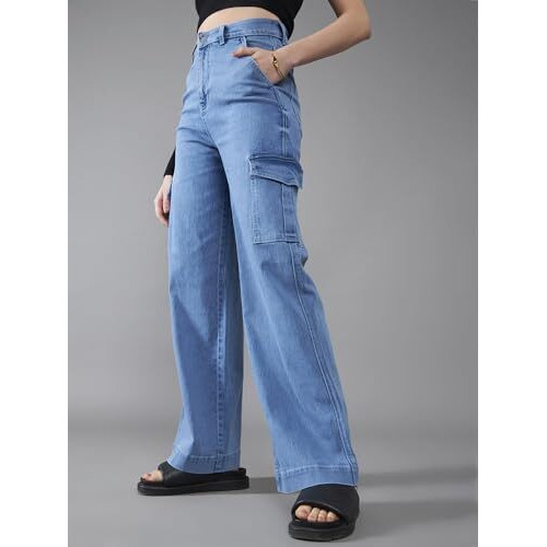 Dolce Crudo Women's Wide-Leg High-Rise Regular-Length Stretchable Flared Cargo Style Denim Jeans,(Doss22Den12-36-388-32, Pale Blue, 32)