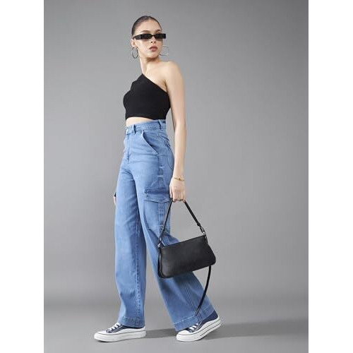 Dolce Crudo Women's Wide-Leg High-Rise Regular-Length Stretchable Flared Cargo Style Denim Jeans,(Doss22Den12-36-388-32, Pale Blue, 32)