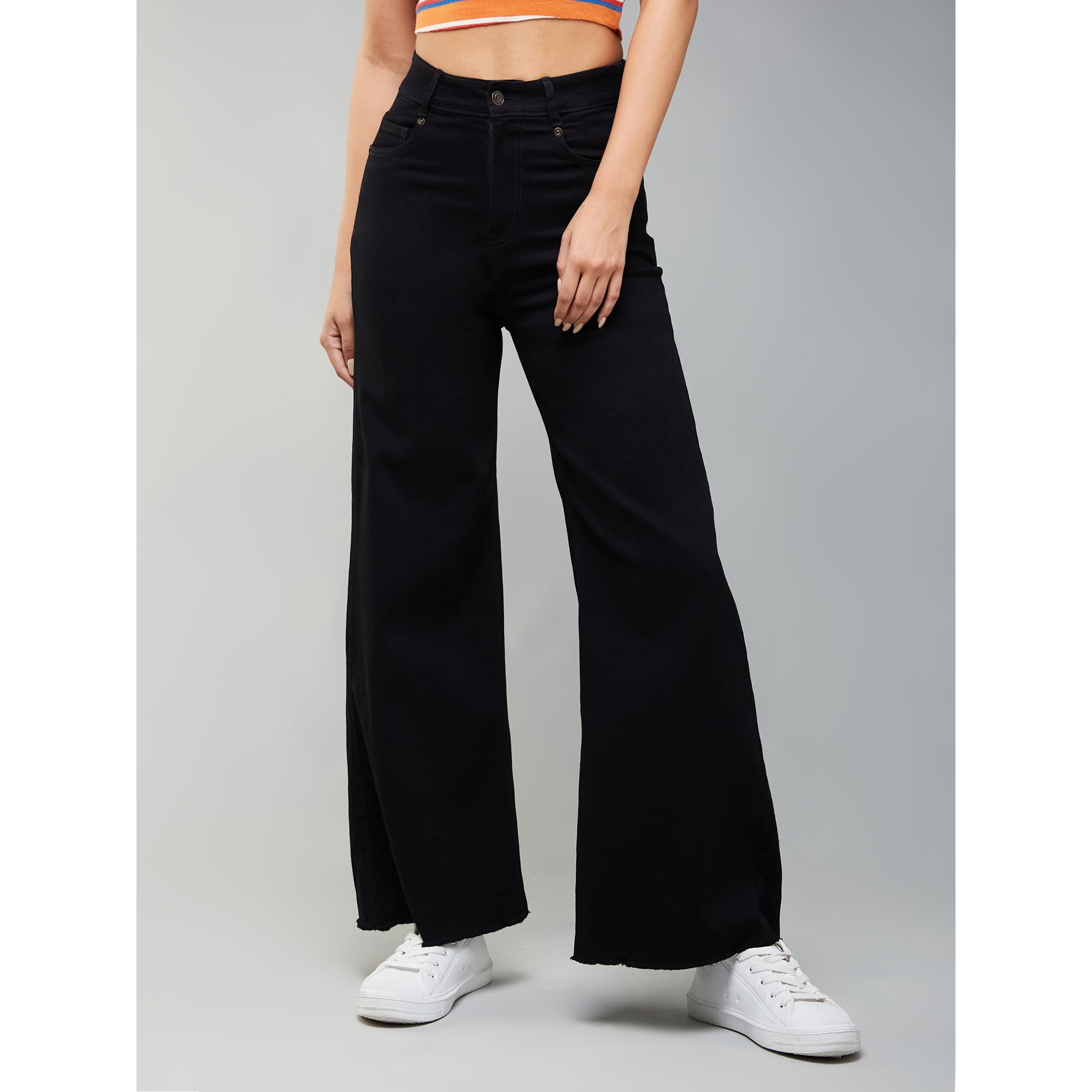 Dolce Crudo Women's High Rise Regular Length Stretchable Wide Leg Denim Jeans (Doss22Den12-36-334-38, True Black, 38)