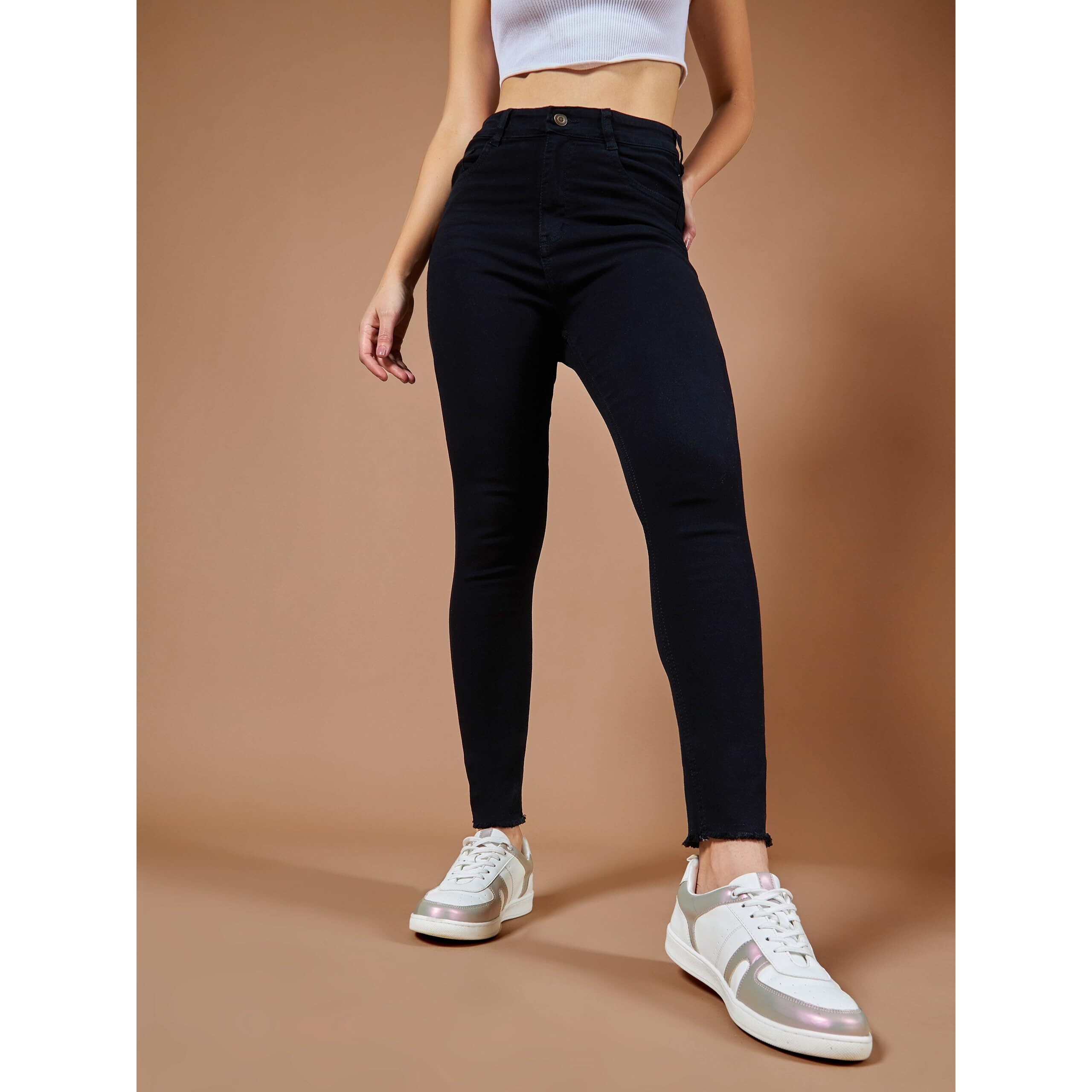 Dolce Crudo Women's Black Skinny Fringed Detailing High Rise Clean Look Solid Cropped Stretchable Denim Jeans(Doss19Den08-21-62-34,Black,34)