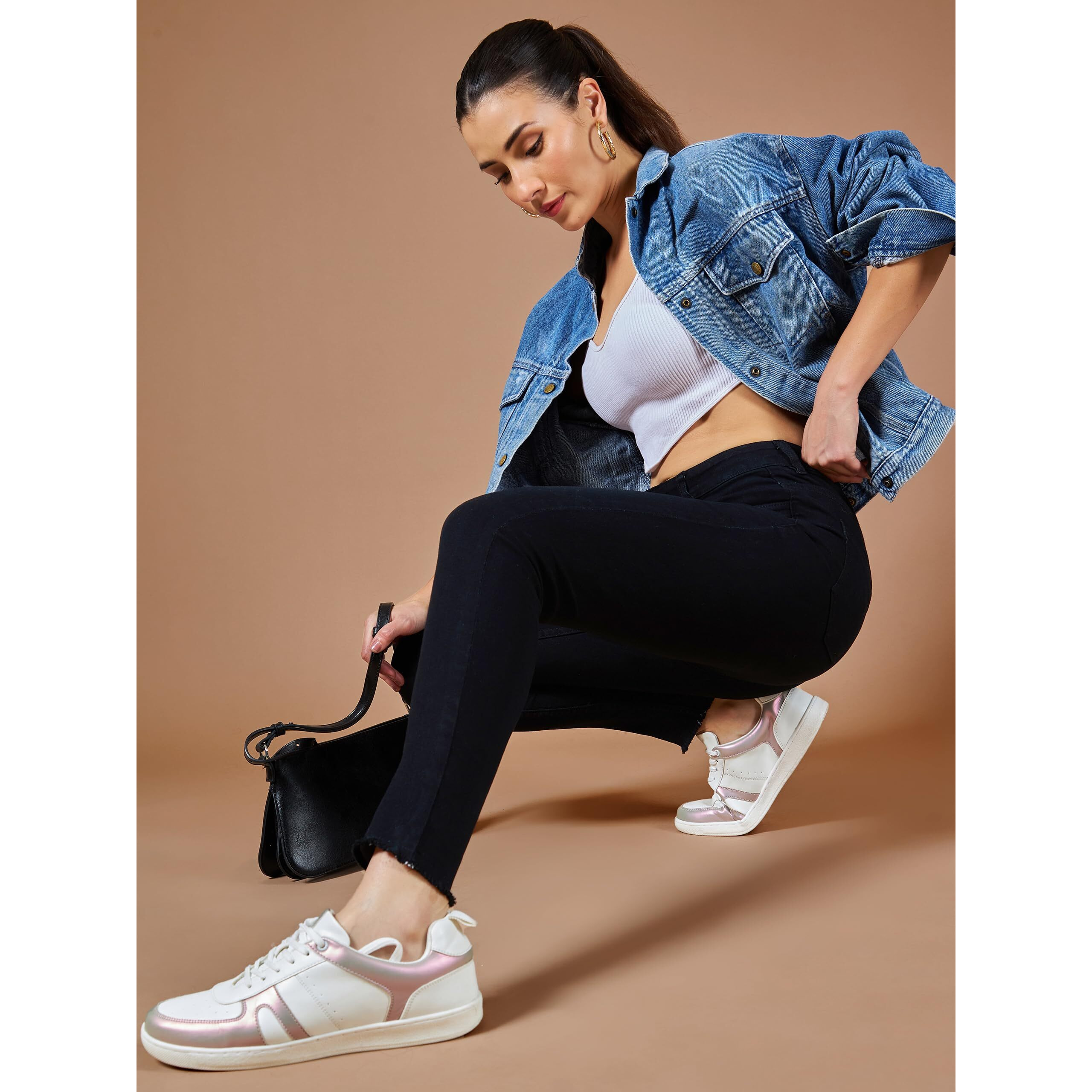 Dolce Crudo Women's Black Skinny Fringed Detailing High Rise Clean Look Solid Cropped Stretchable Denim Jeans(Doss19Den08-21-62-34,Black,34)