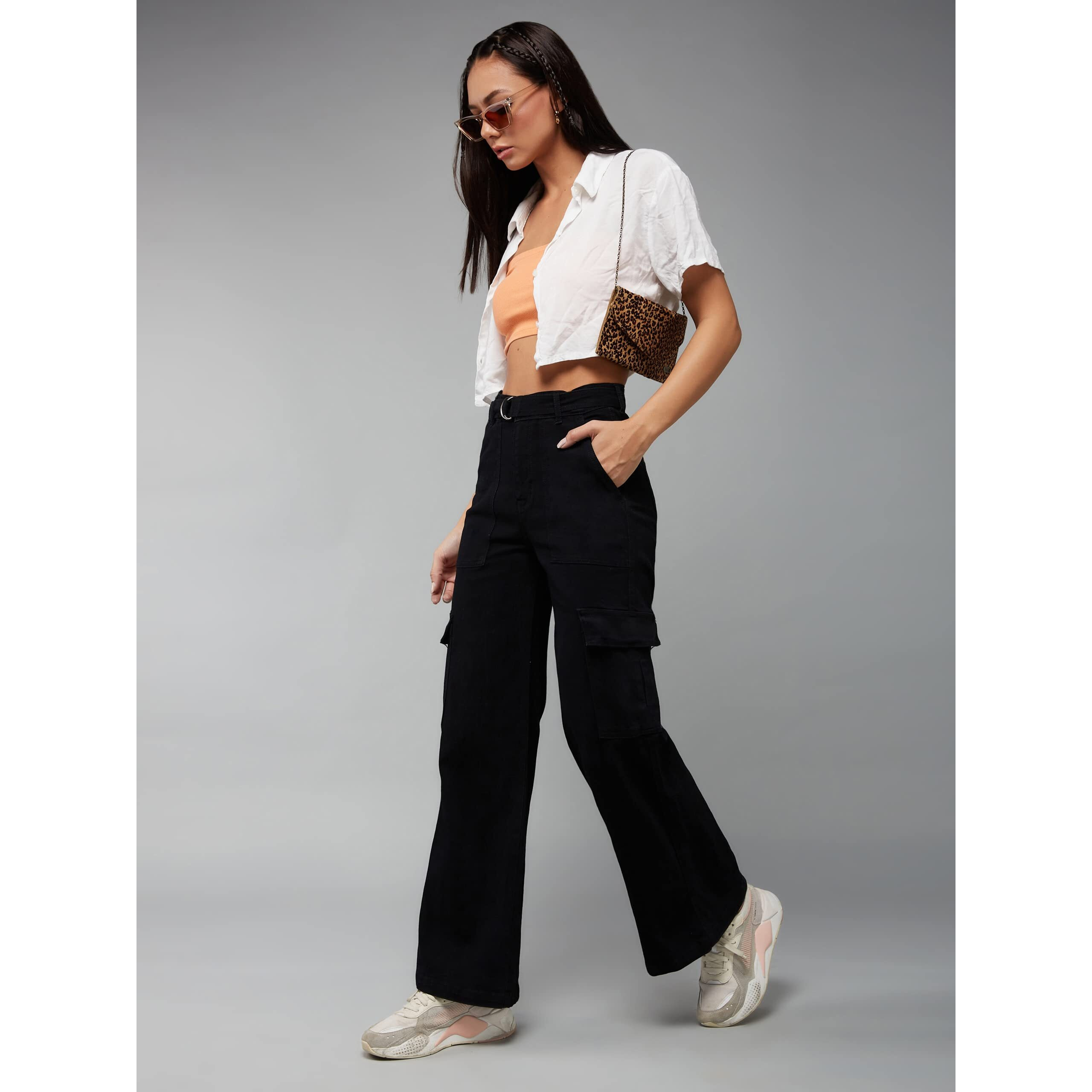 Dolce Crudo Women's Black Wide Leg High Rise Clean Look Regular Stretchable Denim Jeans (Doss23Den99-18-62-34, Black, 34)