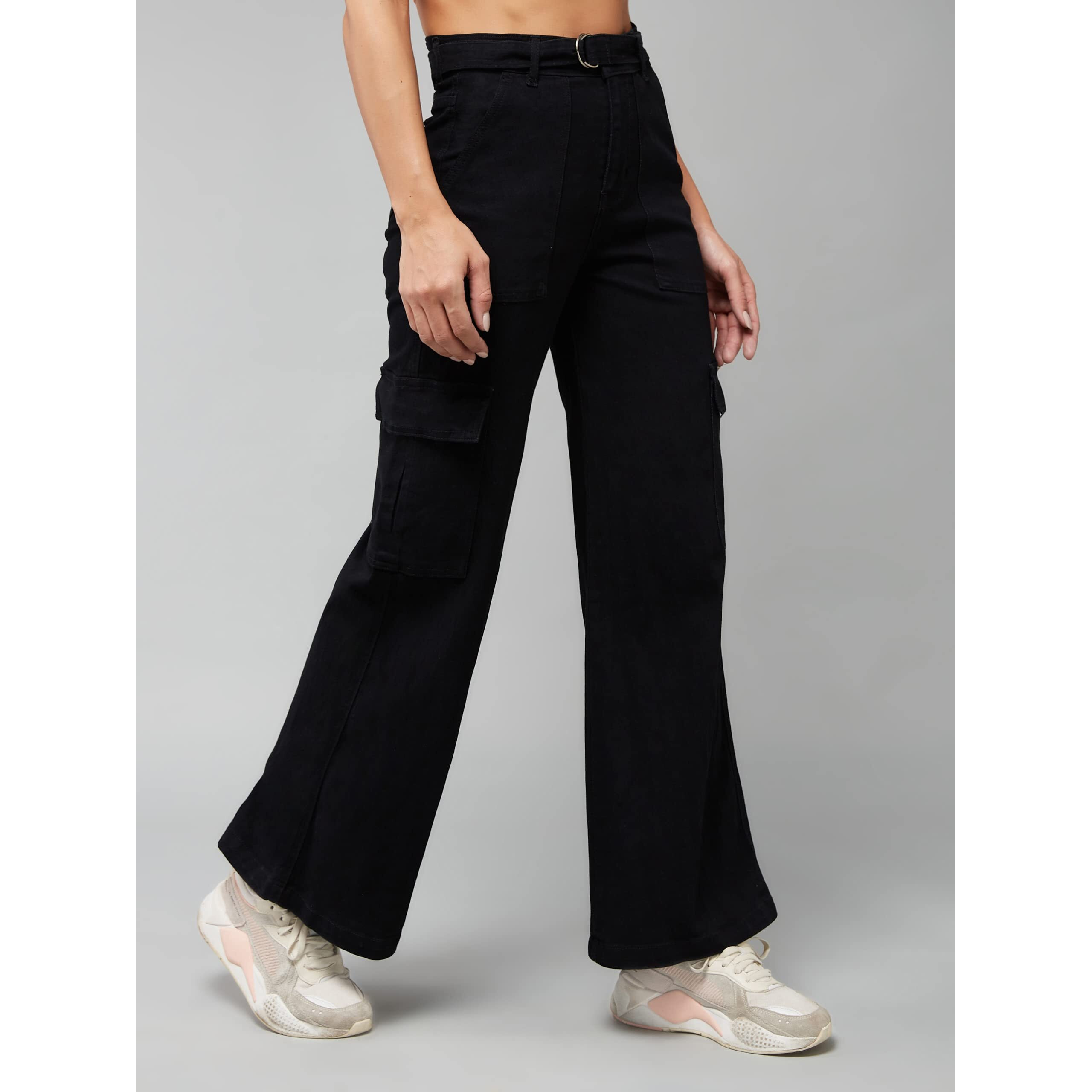 Dolce Crudo Women's Black Wide Leg High Rise Clean Look Regular Stretchable Denim Jeans (Doss23Den99-18-62-34, Black, 34)