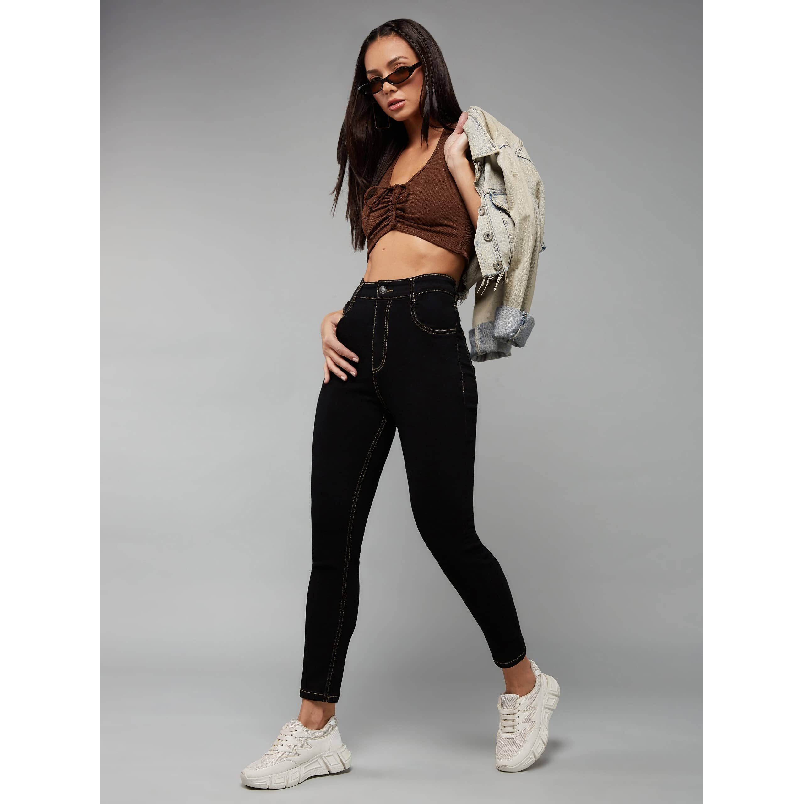 Dolce Crudo Women's Black Skinny High Rise Clean Look Regular Stretchable Denim Jeans (Doss22Den12-44-62-28, Black, 28)