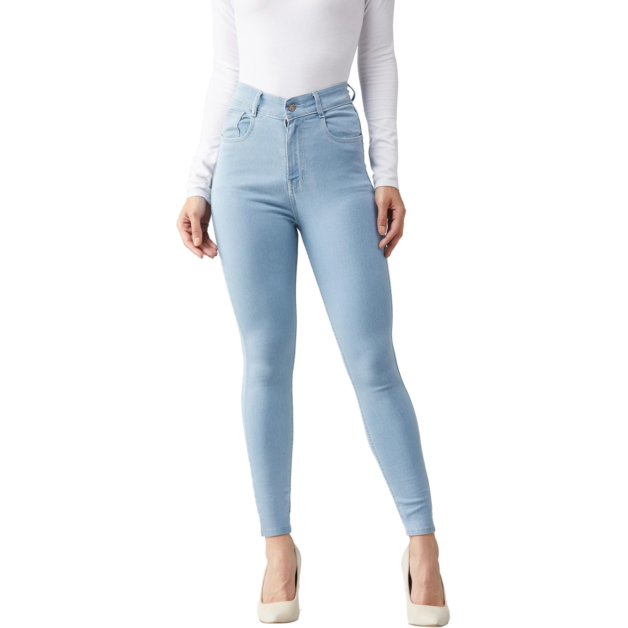 Dolce Crudo Women's Light Blue Skinny High Rise Distressed Regular Length Ice Wash Denim Jeans (Doss19Den07-43-158-30,Light Blue,30)