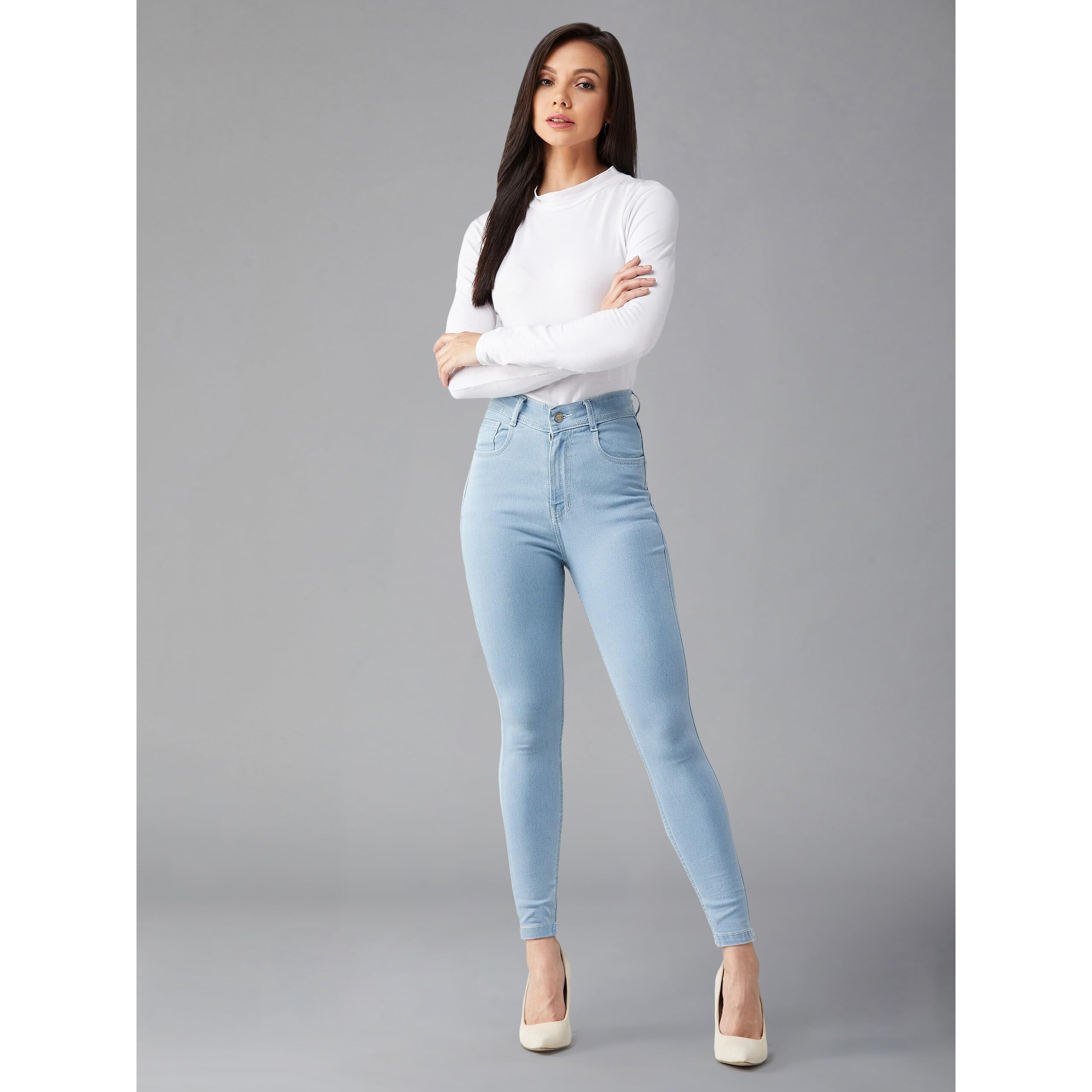 Dolce Crudo Women's Light Blue Skinny High Rise Distressed Regular Length Ice Wash Denim Jeans (Doss19Den07-43-158-30,Light Blue,30)