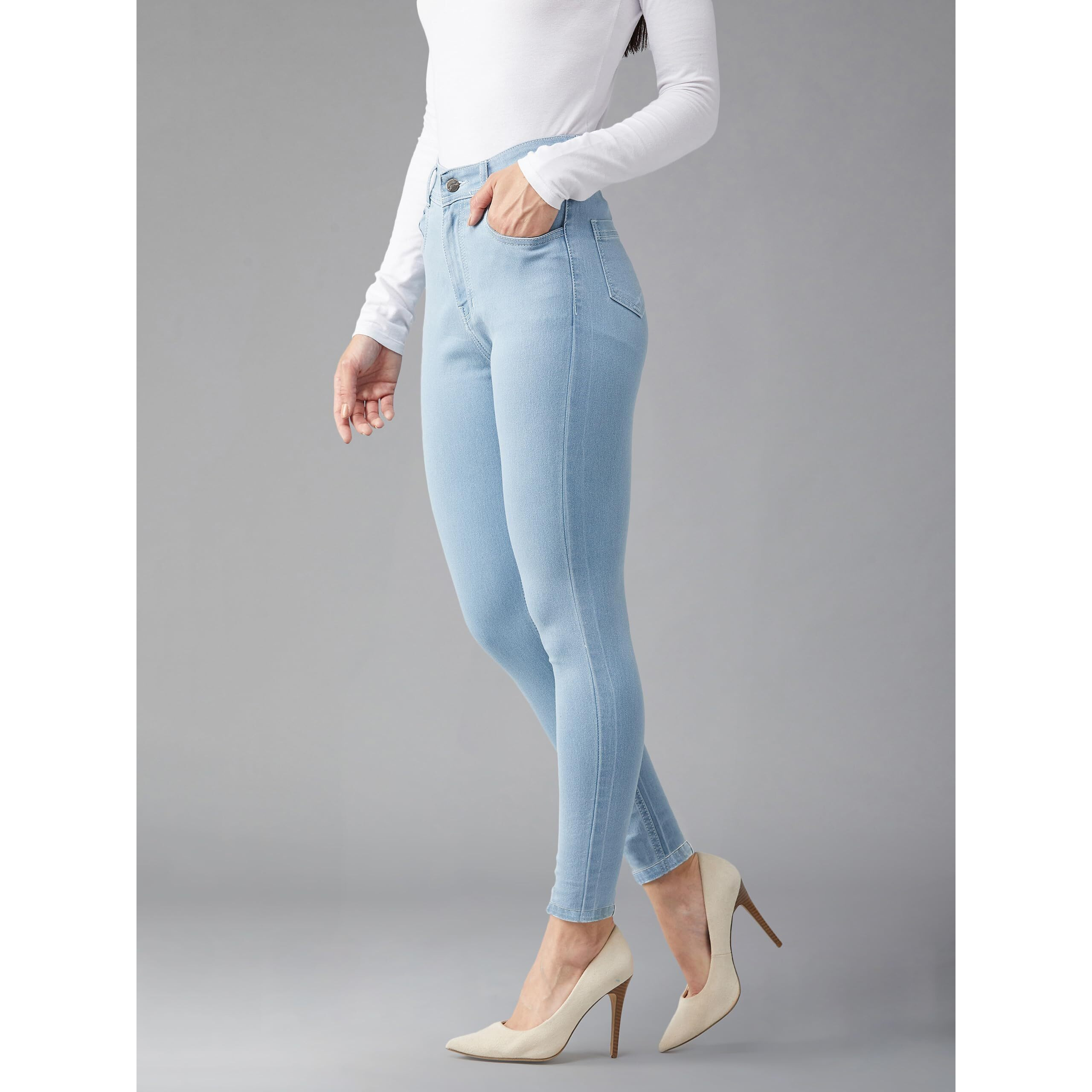 Dolce Crudo Women's Light Blue Skinny High Rise Distressed Regular Length Ice Wash Denim Jeans (Doss19Den07-43-158-30,Light Blue,30)