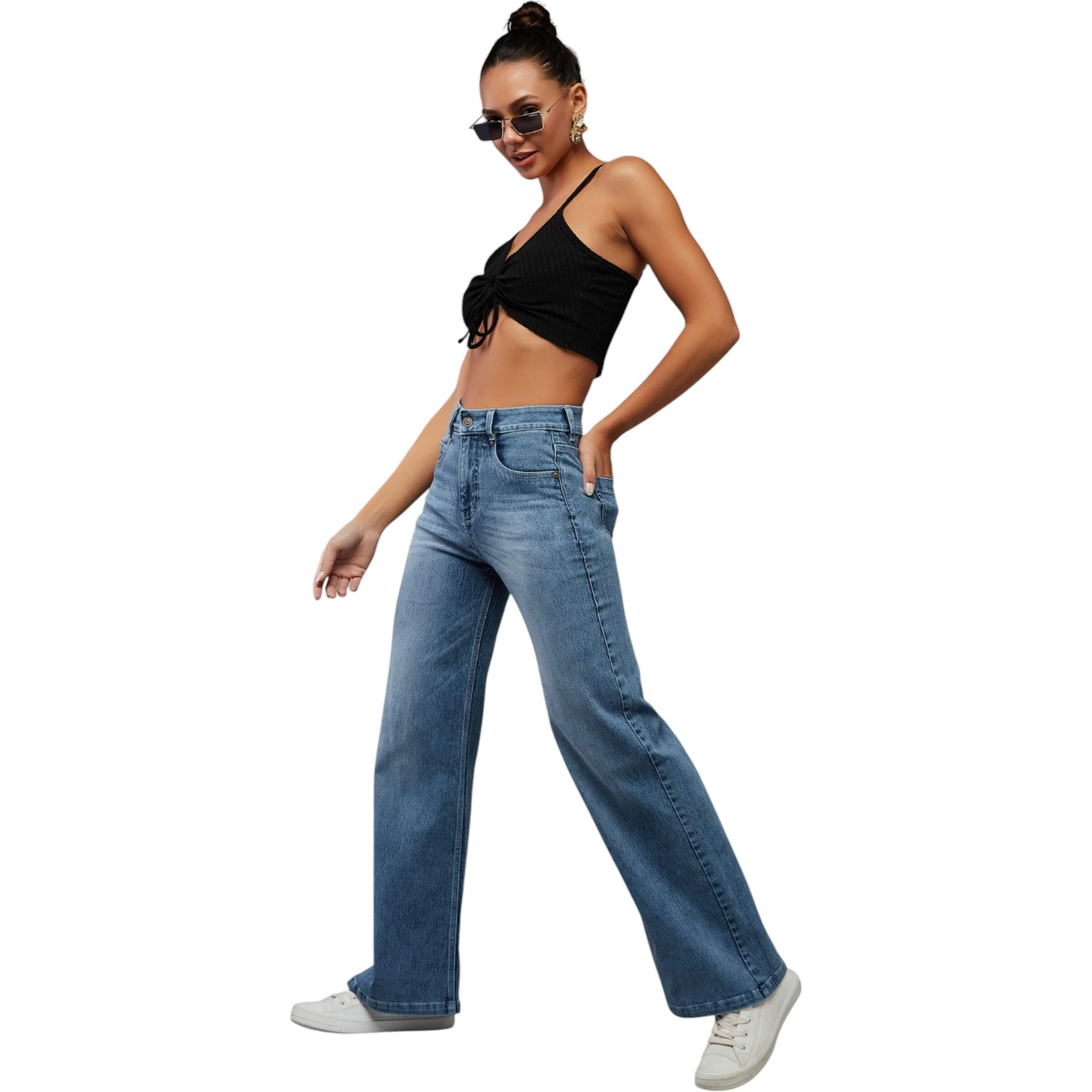 Dolce Crudo Women's Wide-Leg High Rise Stretchable Shaping Denim Jeans(Doss24Den68-73-362-30, Ice Blue, 30)