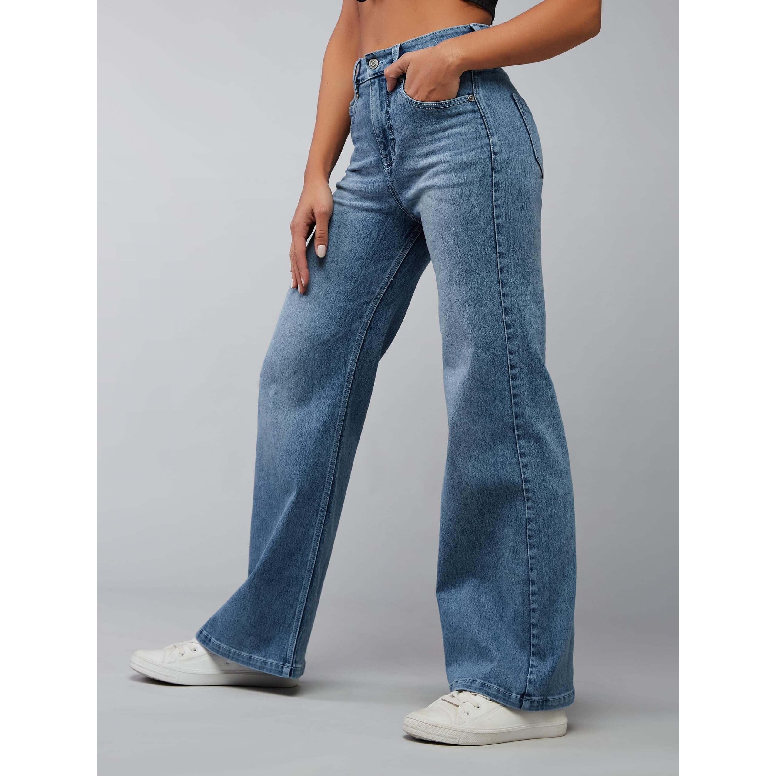 Dolce Crudo Women's Wide-Leg High Rise Stretchable Shaping Denim Jeans(Doss24Den68-73-362-30, Ice Blue, 30)