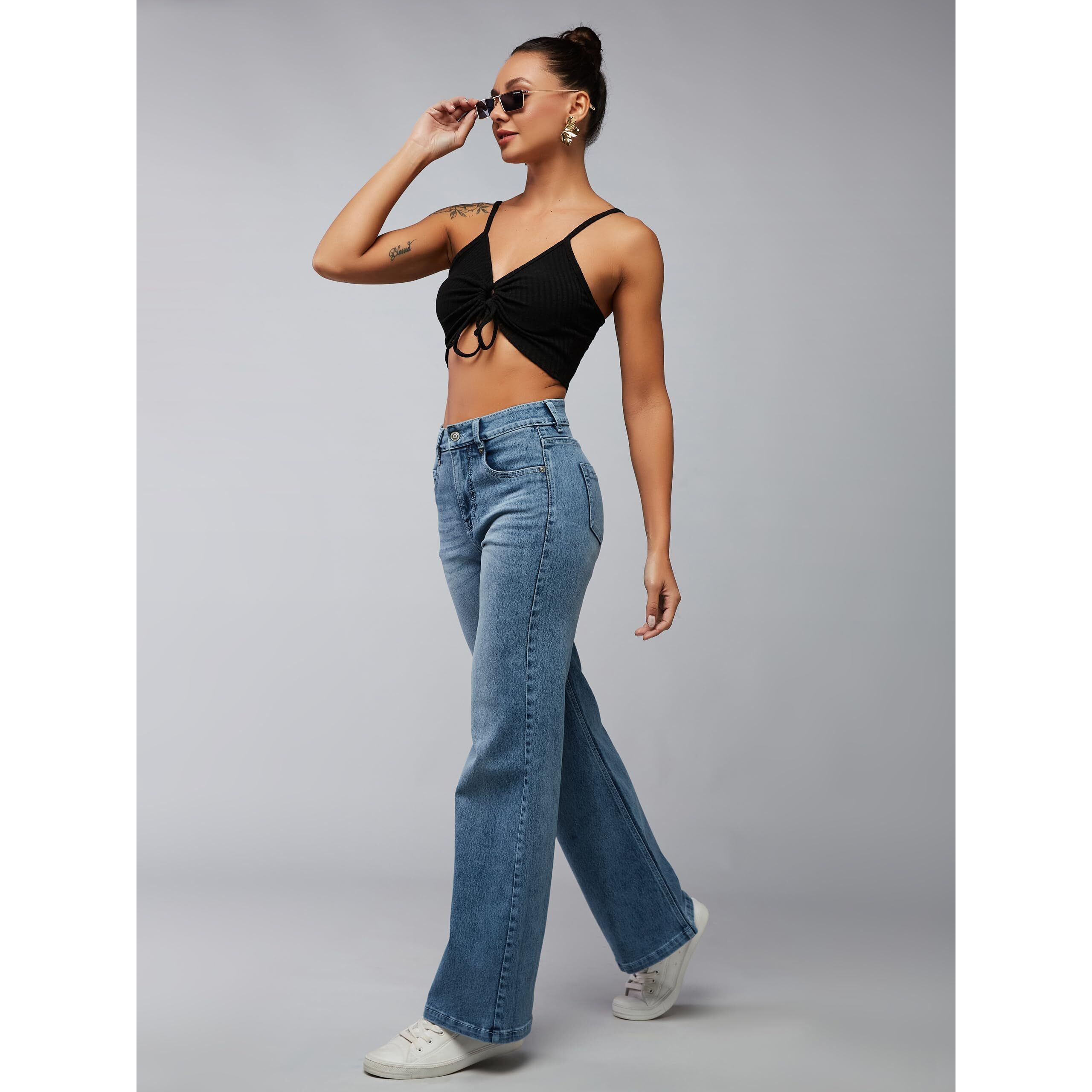 Dolce Crudo Women's Wide-Leg High Rise Stretchable Shaping Denim Jeans(Doss24Den68-73-362-30, Ice Blue, 30)