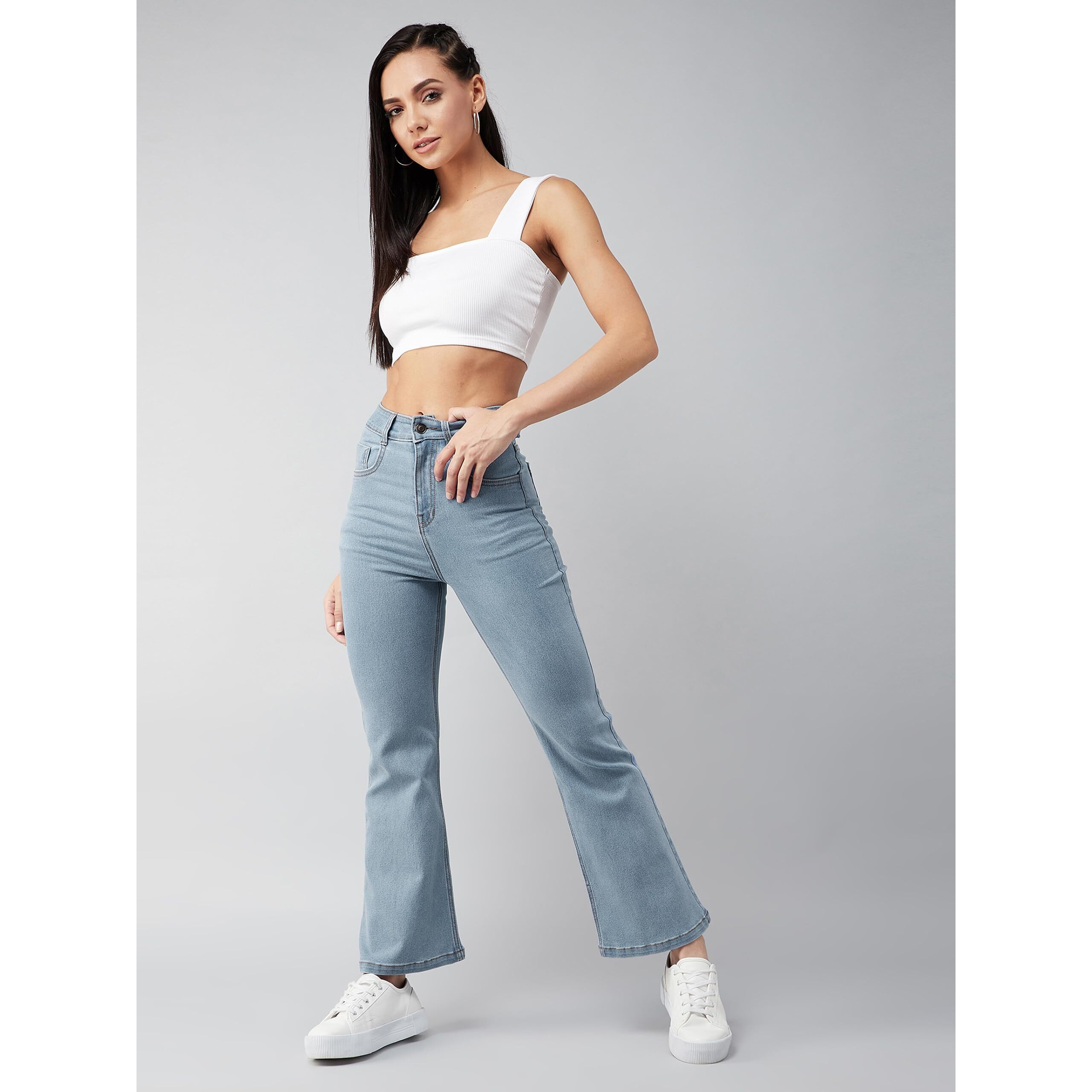 Dolce Crudo Women's Light Blue Bootcut High Rise Clean Look Cropped Jeans (Doss24Den79-18-54-26, Sky Blue, 26)