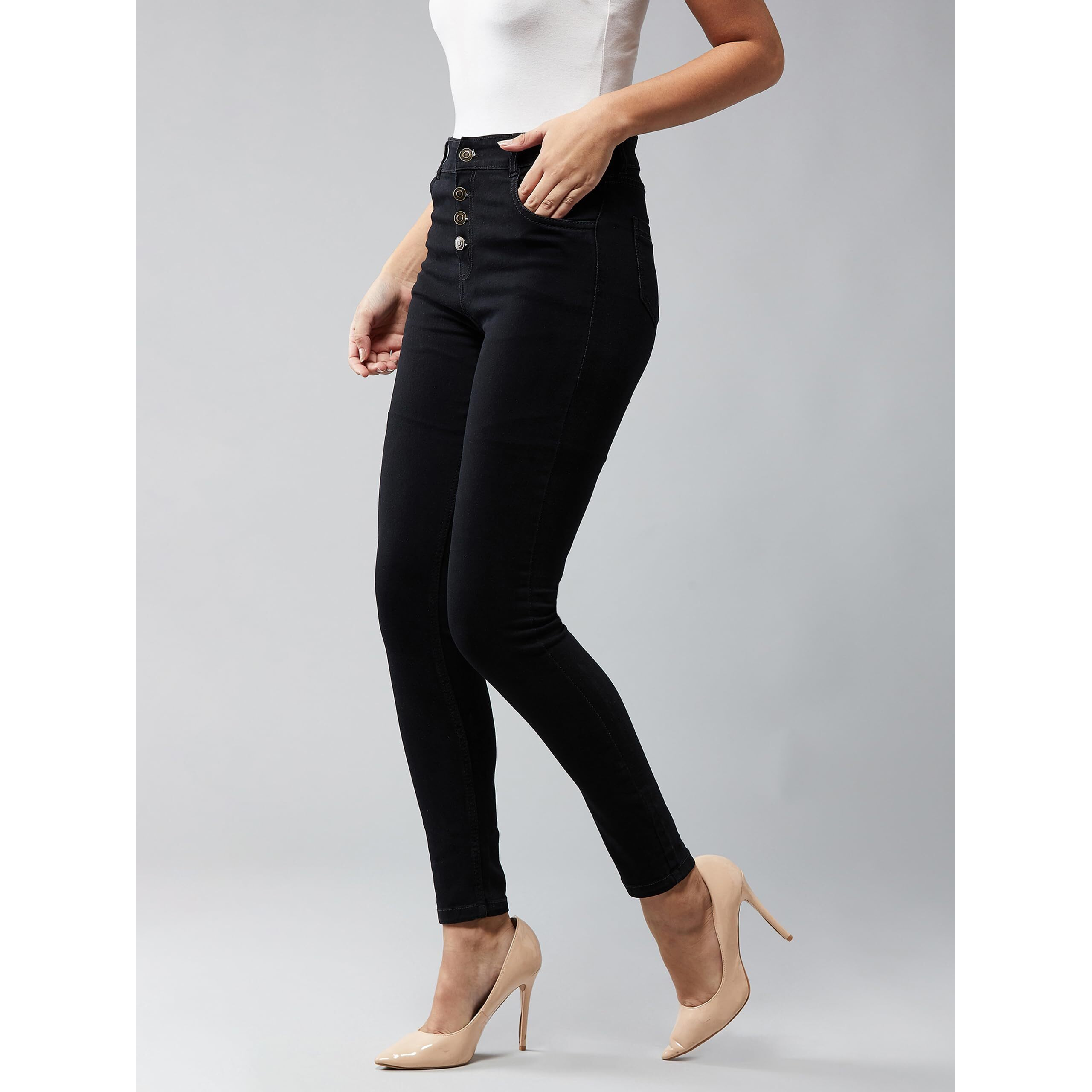 Dolce Crudo Women's Black Skinny Fit High Rise Clean Look Regular Length Stretchable Denim Jeans(Doaw18Den02-78-62-30,Black,30)