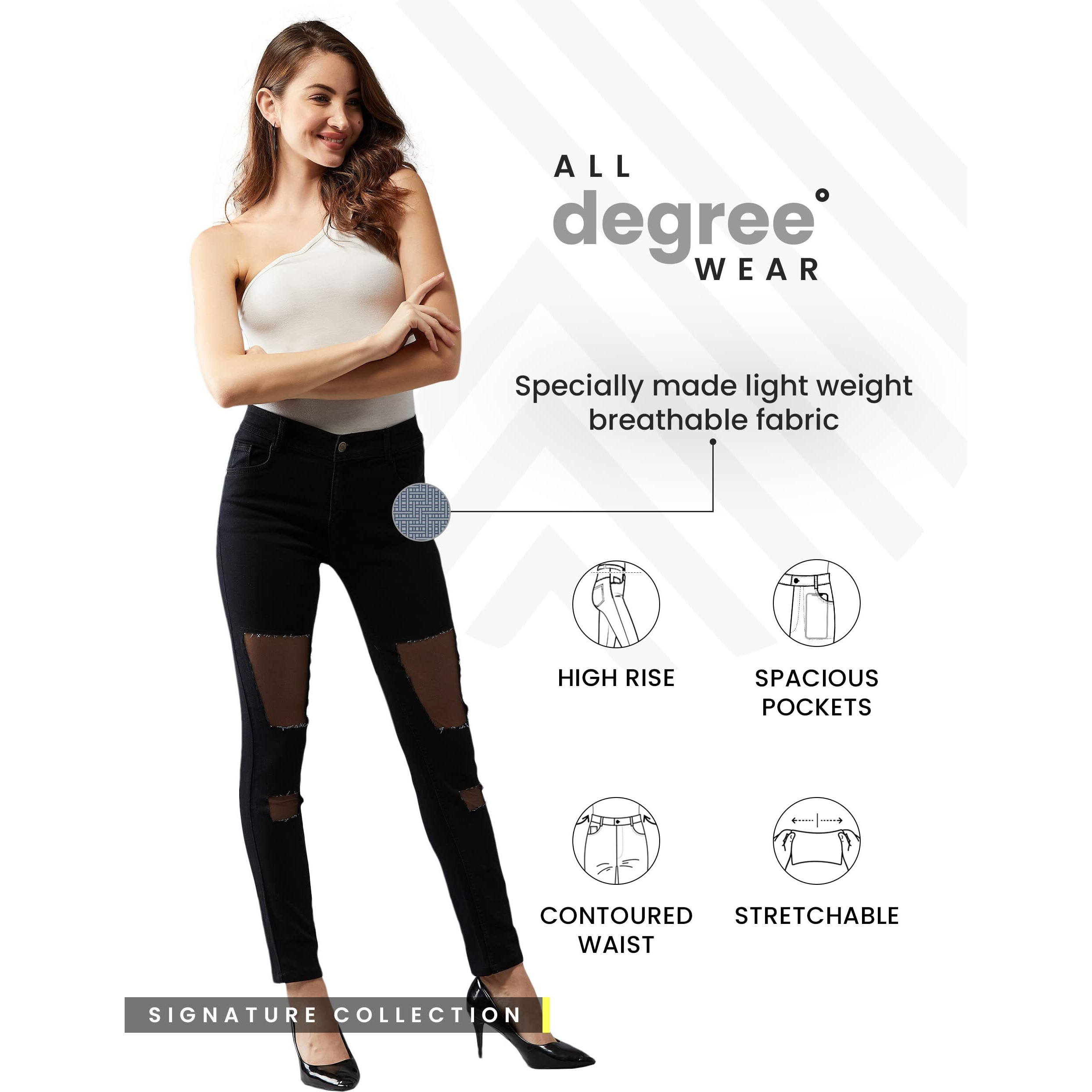 Dolce Crudo Women's Black Slim Fit High Rise Regular Length Mild Distressed Ripped Net Detailing Denim Stretchable Jeans(Doss18Den02-23-62-28,Black,28)