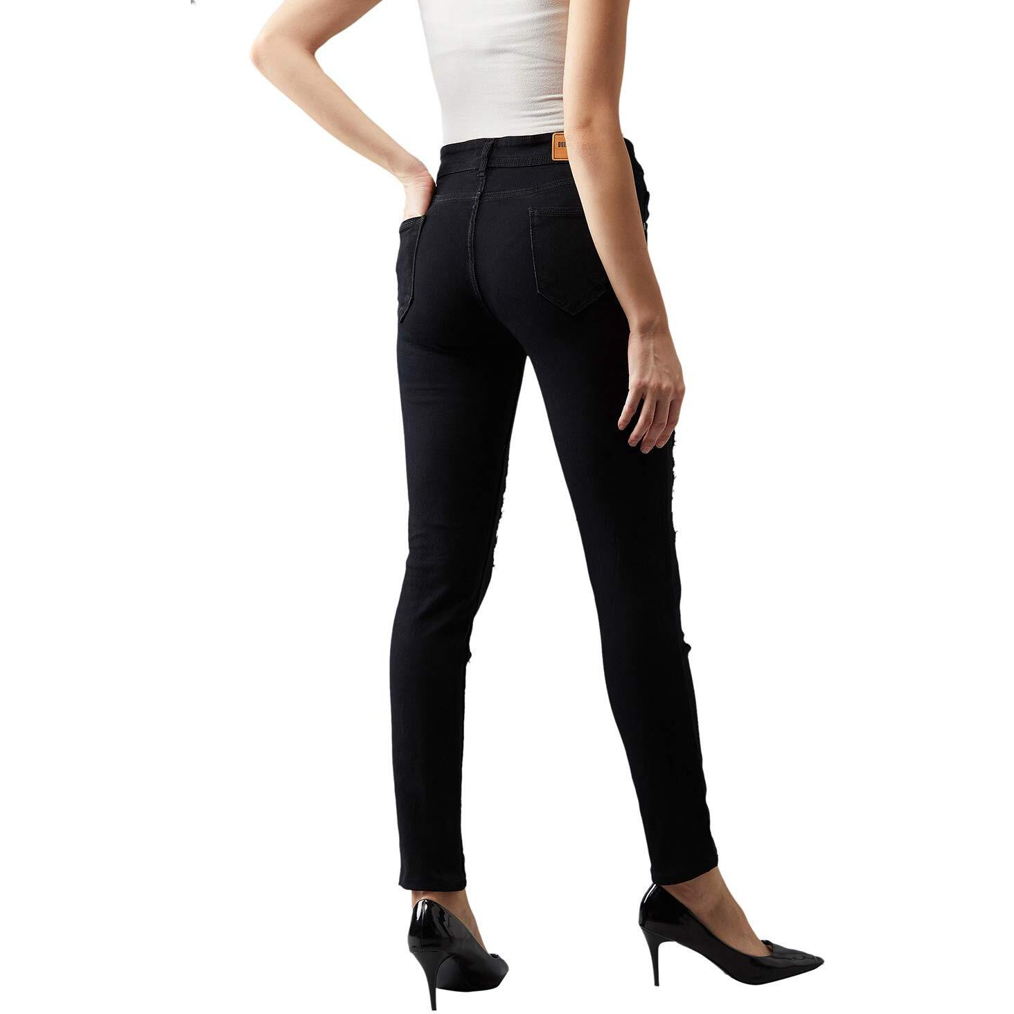 Dolce Crudo Women's Black Slim Fit High Rise Regular Length Mild Distressed Ripped Net Detailing Denim Stretchable Jeans(Doss18Den02-23-62-28,Black,28)