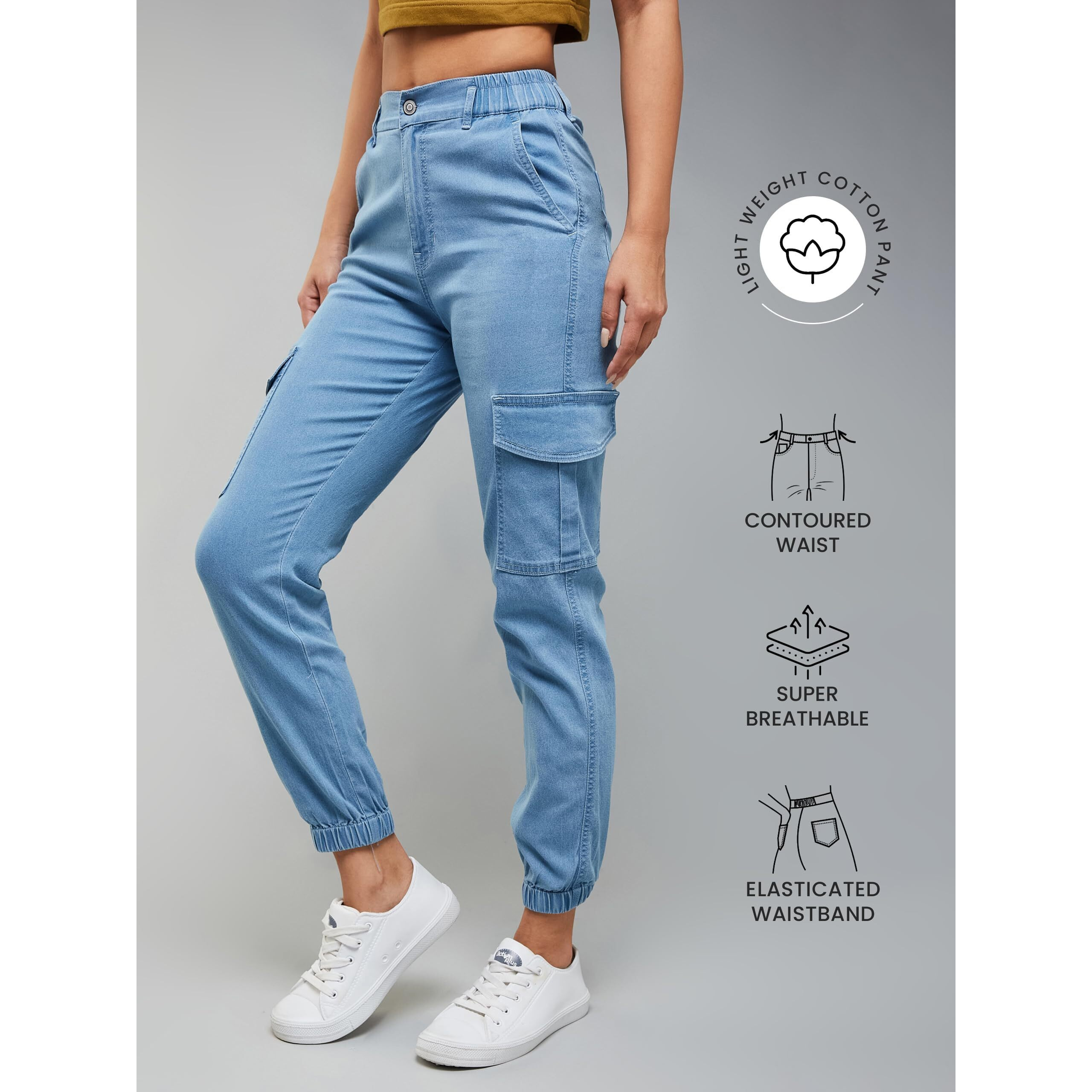Dolce Crudo Women's Light Blue Regular High Rise Regular Stretchable Denim Joggers (Doss23Den99-20-158-34, Light Blue, 34)