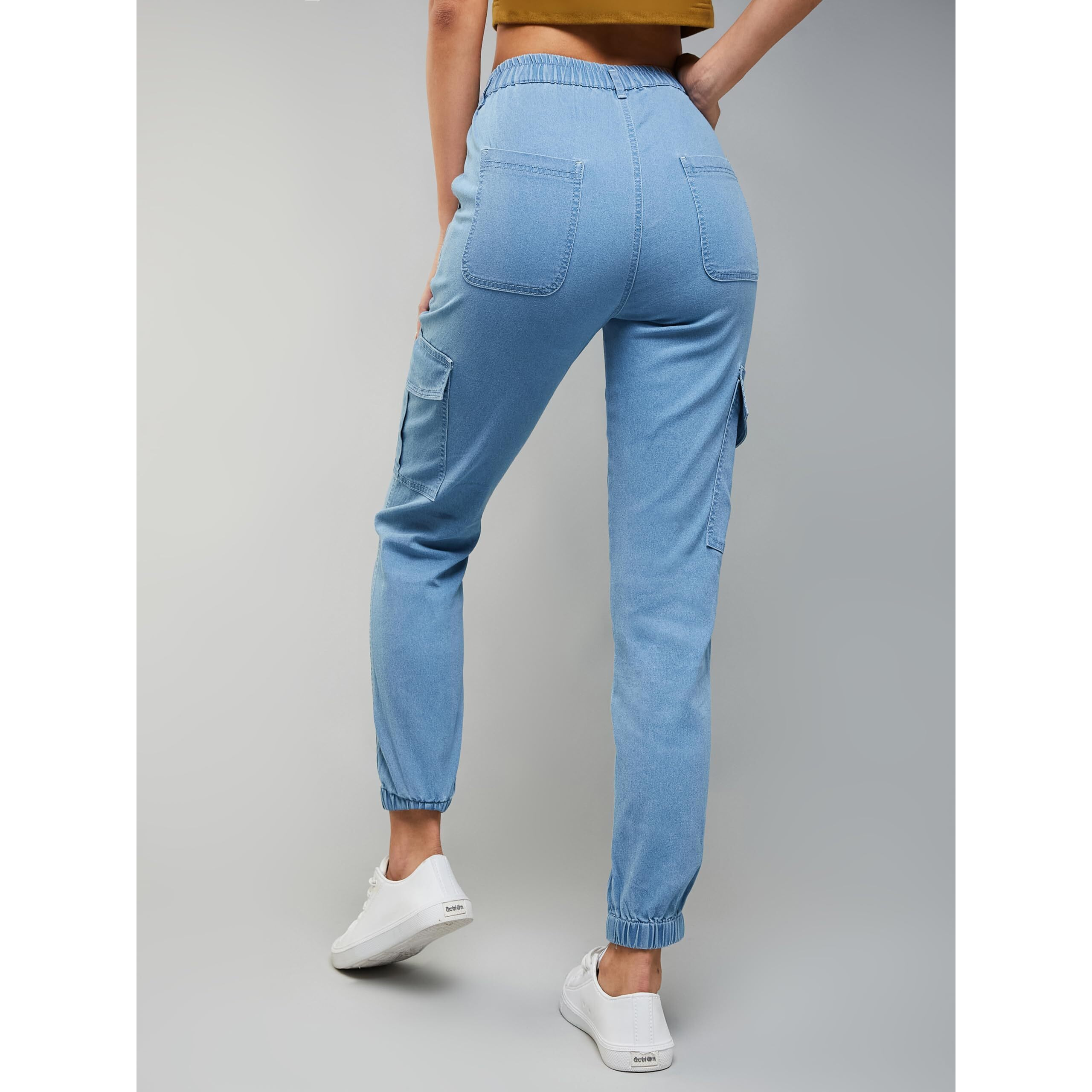 Dolce Crudo Women's Light Blue Regular High Rise Regular Stretchable Denim Joggers (Doss23Den99-20-158-34, Light Blue, 34)