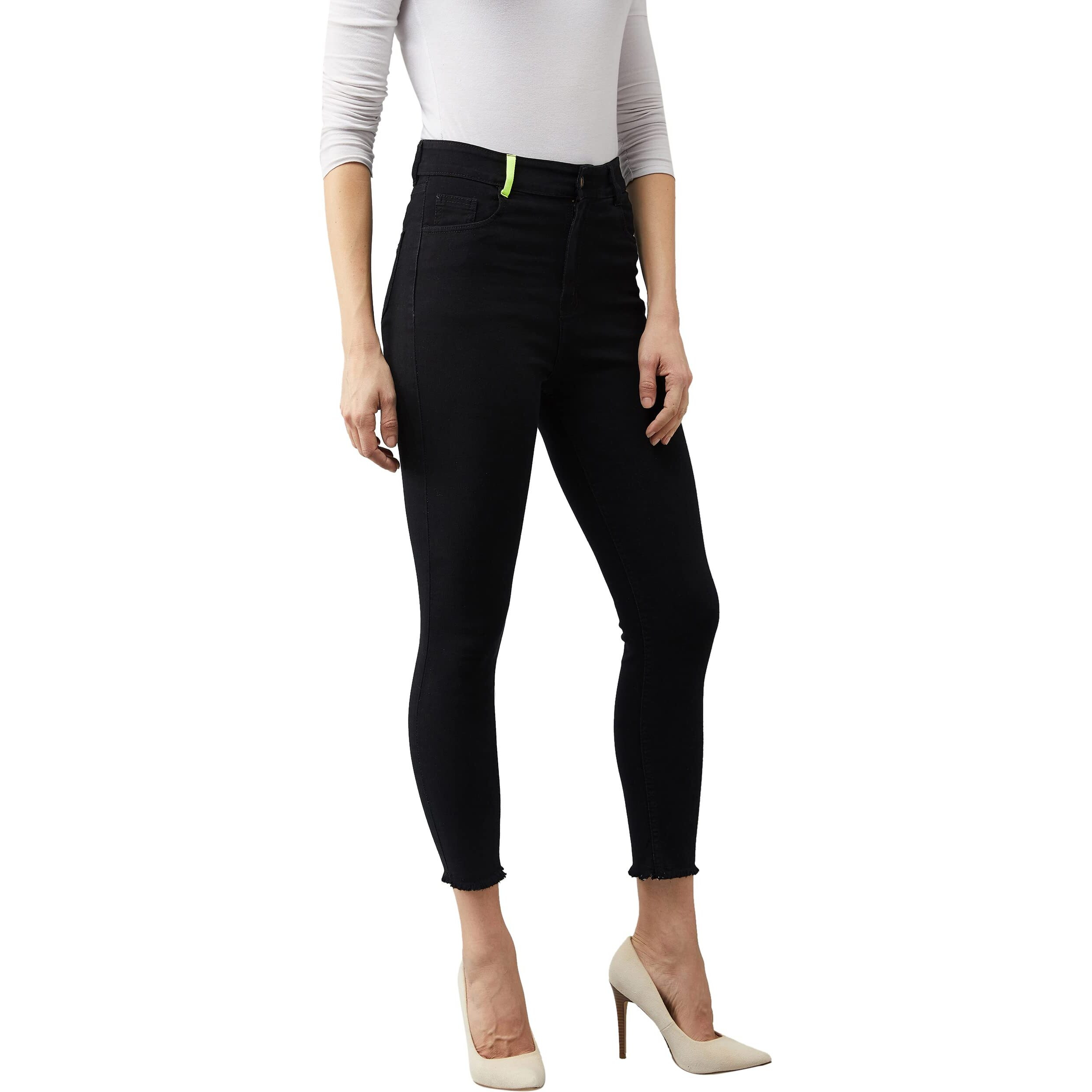 Dolce Crudo Women's Black Cotton Skinny Fit Cropped High Rise Stretchable Denim Jeans (Doss21Den10-74-62-28,Black,28)