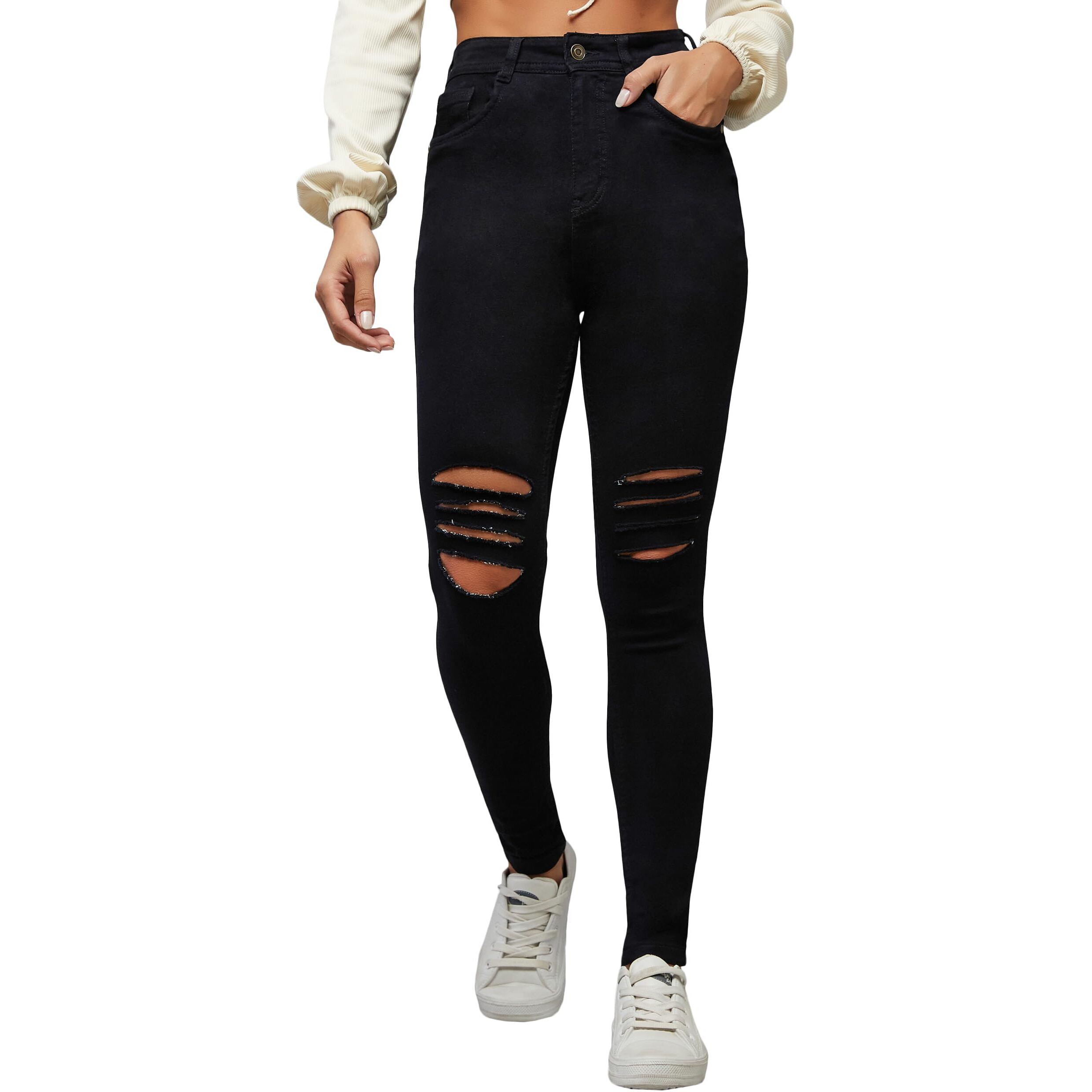 Dolce Crudo Women's Slim Fit High Rise Regular Length Mild Distressed Ripped Denim Stretchable Jeans (Doss23Den99-81-62-28, Black, 28)