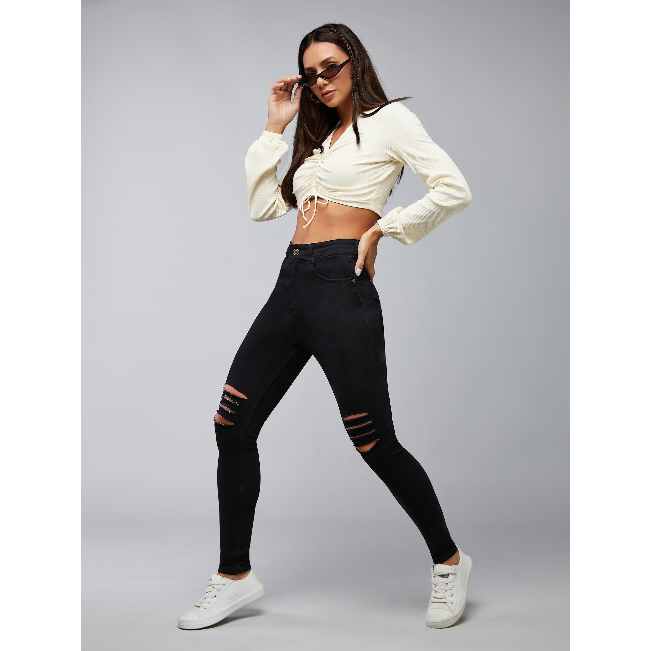 Dolce Crudo Women's Slim Fit High Rise Regular Length Mild Distressed Ripped Denim Stretchable Jeans (Doss23Den99-81-62-28, Black, 28)