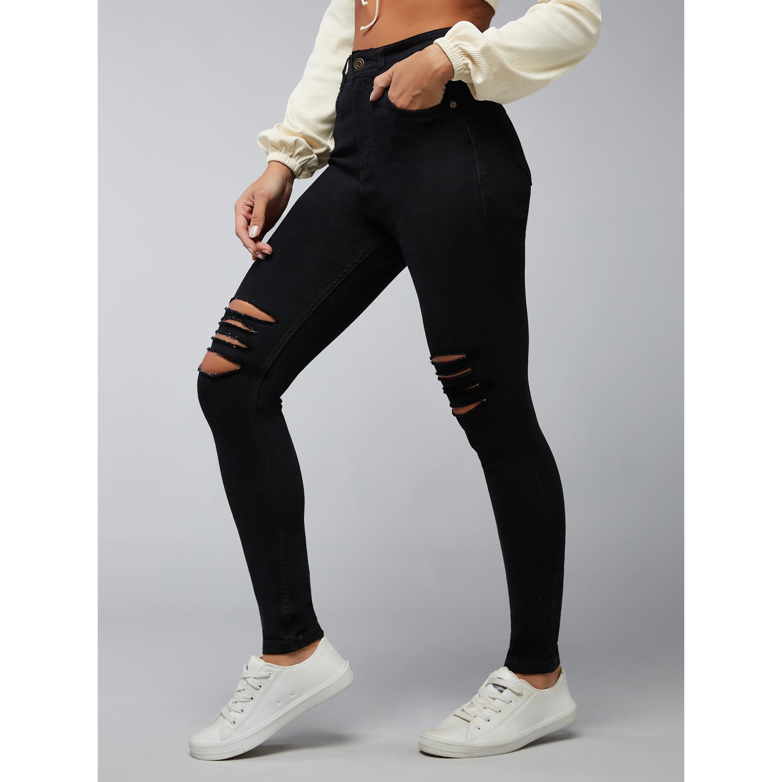 Dolce Crudo Women's Slim Fit High Rise Regular Length Mild Distressed Ripped Denim Stretchable Jeans (Doss23Den99-81-62-28, Black, 28)