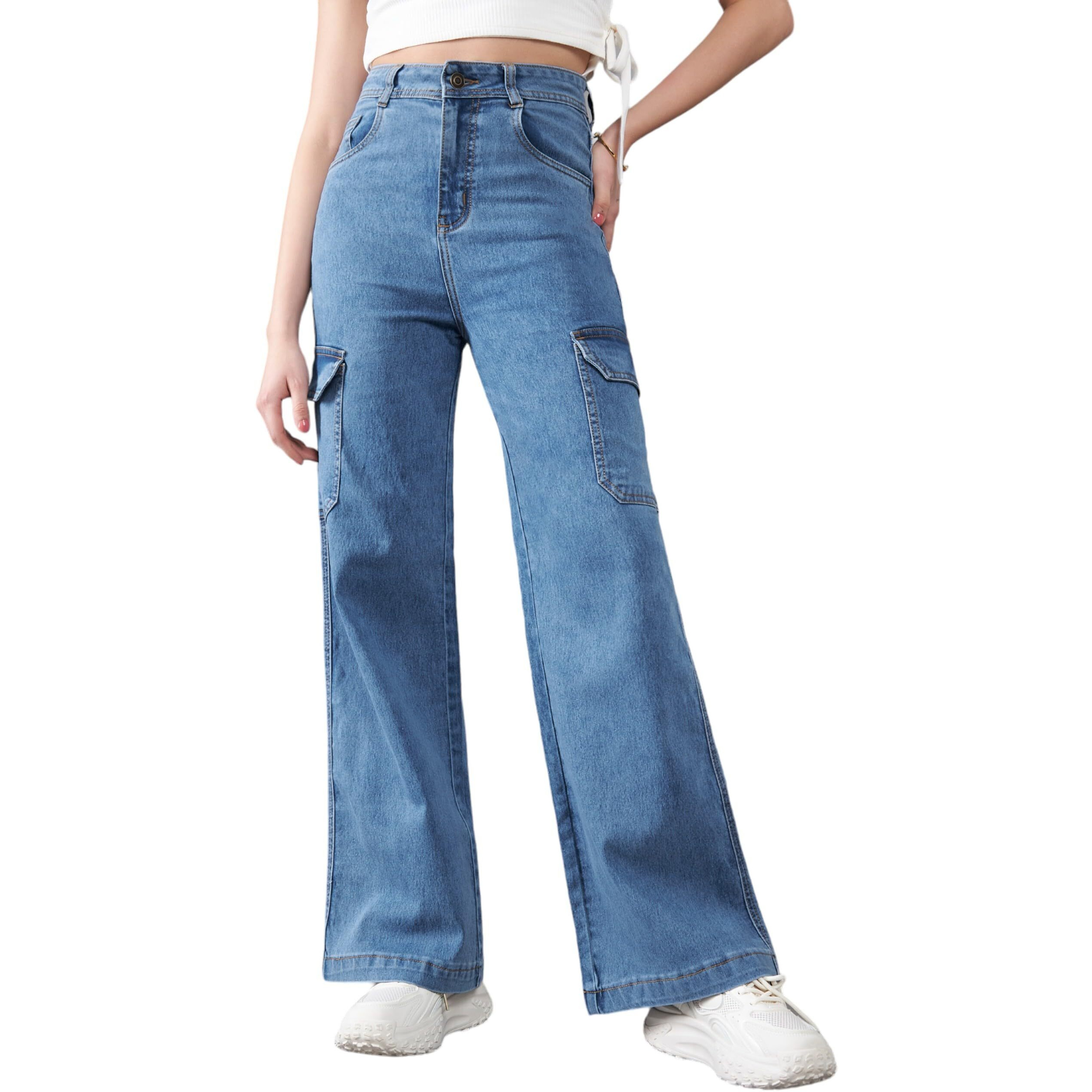 Dolce Crudo Women's Wide Leg High Rise Regular Length Stretchable Cargo Denim Jeans (Doss24Den12-89-115-34, Blue, 34)